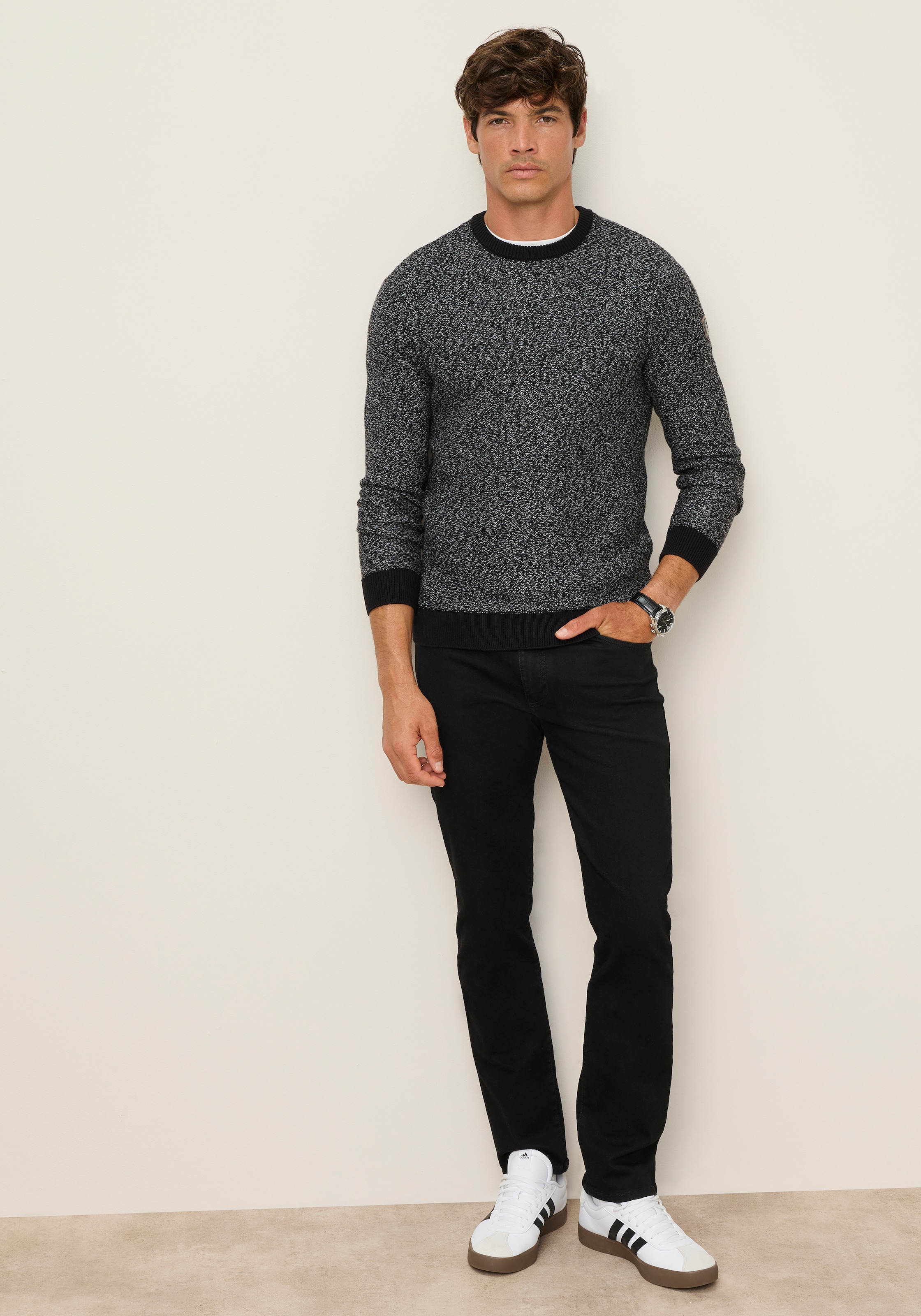 Man's World Rundhalspullover »Neue Kollektion! Highlight Strukturqualität« mit Rippbündchen am Ausschnitt, Strickmaterial, melierte Optik