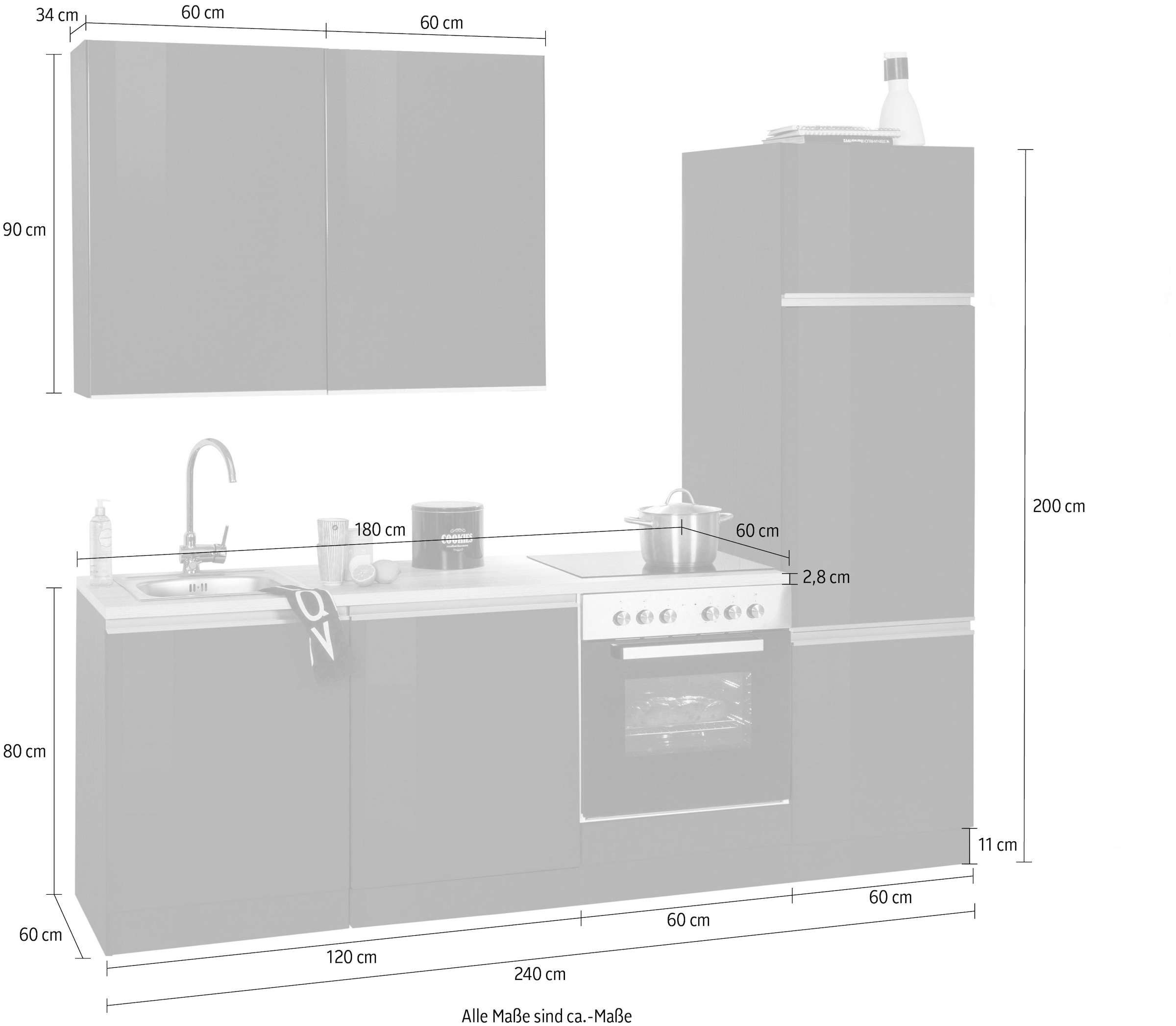 KOCHSTATION Küchenzeile »KS-Ohio«, ohne E-Geräte, Breite 240 cm