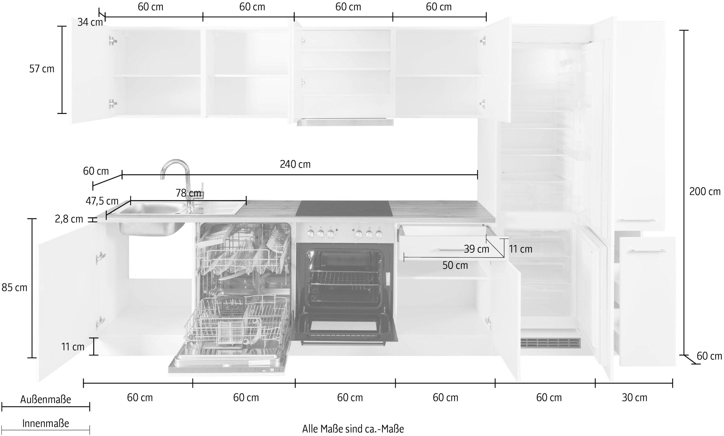 KOCHSTATION Küchenzeile »KS-Kehl«, mit E-Geräten, Breite 330 cm, inkl. Kühl/Gefrierkombination