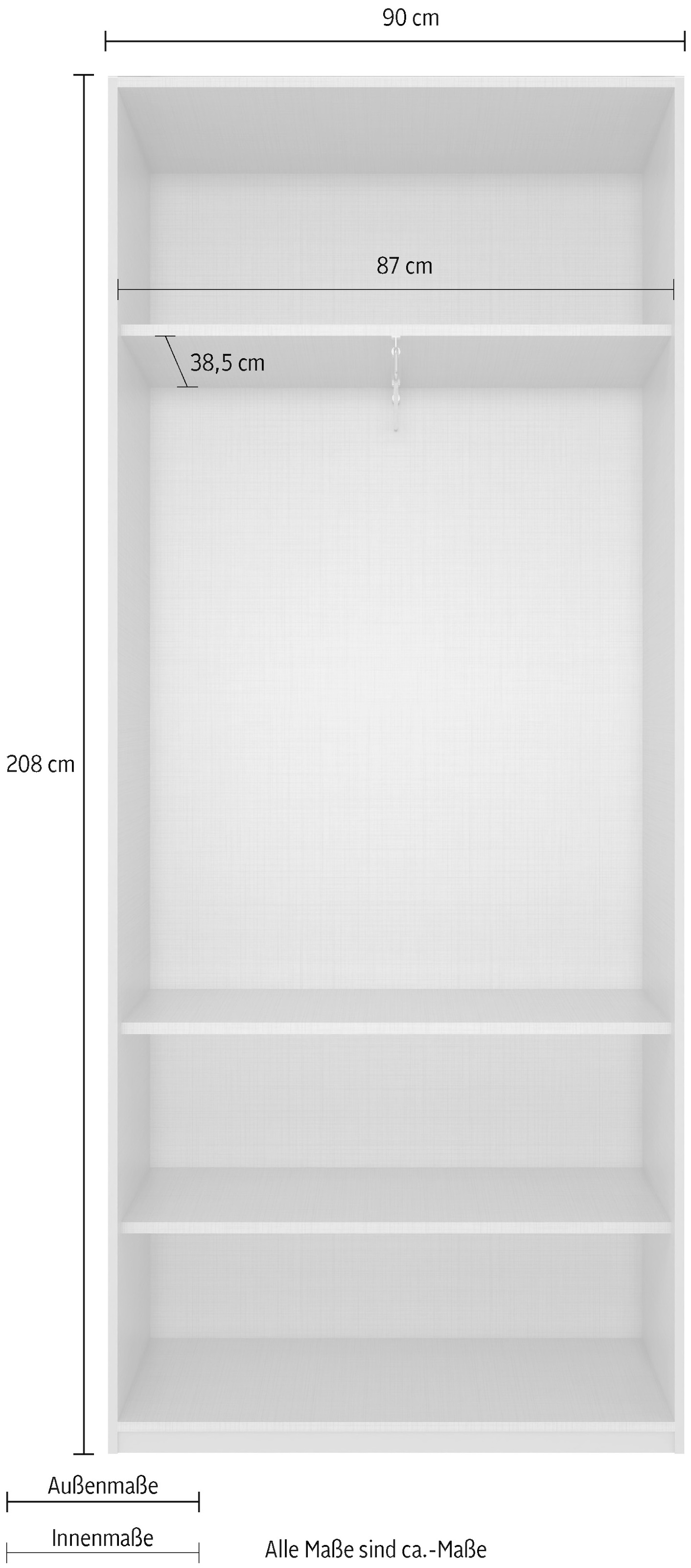 Wimex Kleiderschrank »Mugano, in 5 Breiten und 2 Höhen, Made in Germany«, (in Basic oder Premium Ausstattung mit 2 weiteren Einlegeböden), mit langen Griffstangen aus Metall, wahlweise mit oder ohne Spiegel