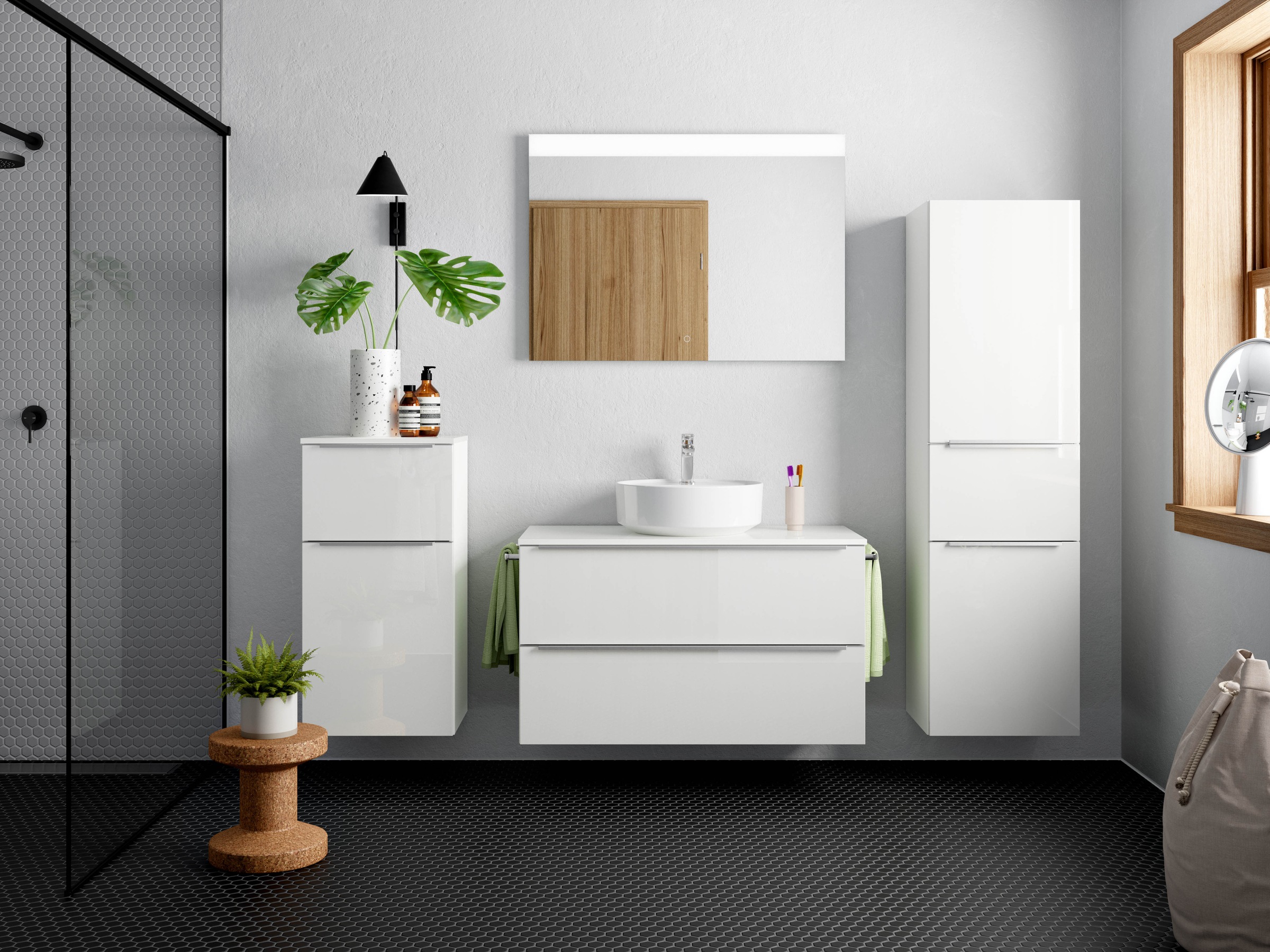 nobilia® Badmöbel-Set »Alvene«, (2 St., vormontiert, mit Soft-Close), Hochglanz, inkl. Spiegel mit Touch-Sensor, in vier Breiten