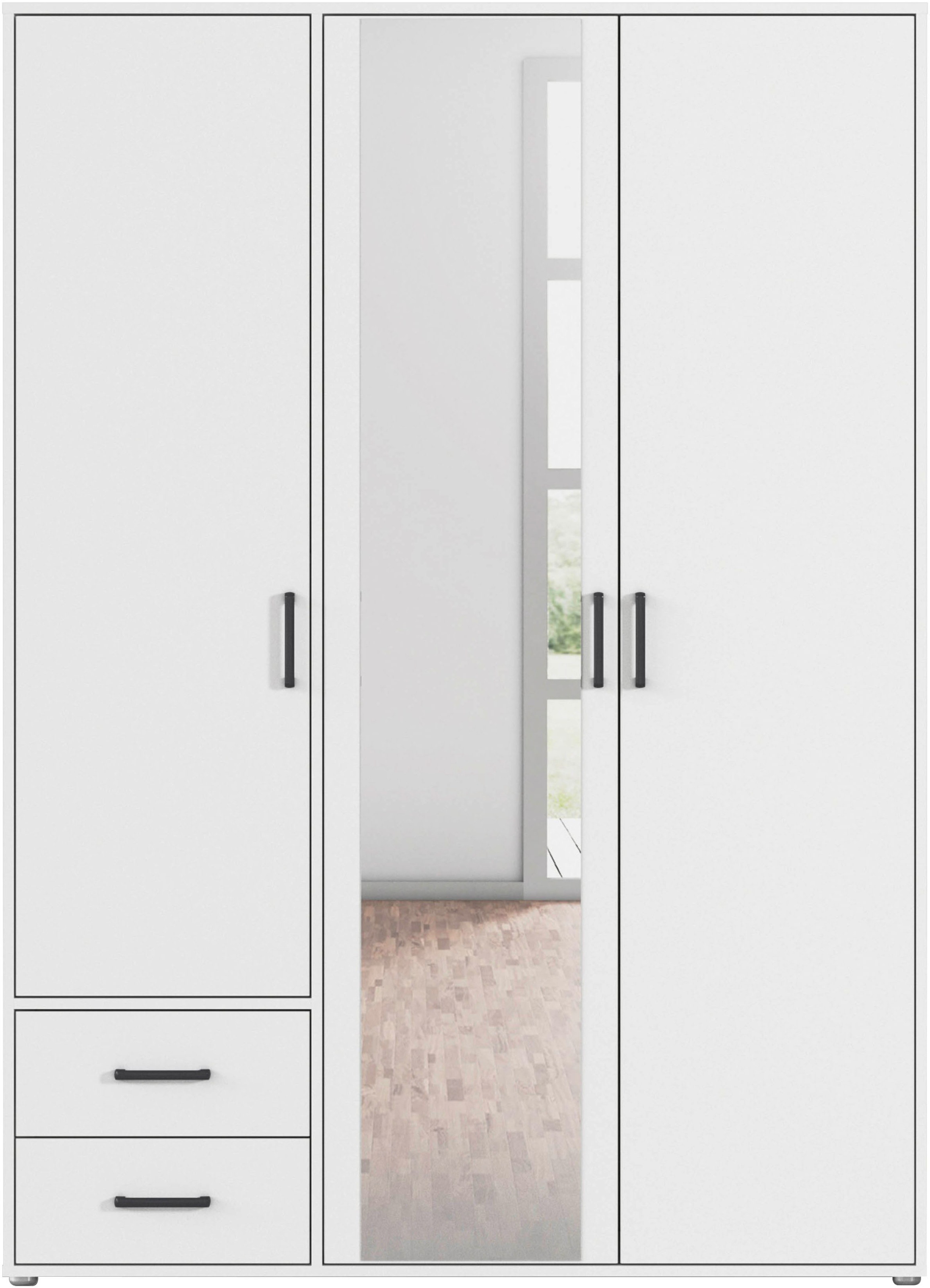 rauch Drehtürenschrank »Kleiderschrank Schrank Garderobe Wäscheschrank VOYAGER«, (in 3 verschiedenen Ausstattungen BASIC/CLASSIC/PREMIUM), mit modernen Griffen in Graumetallic, inkl. Schubkästen und Spiegel
