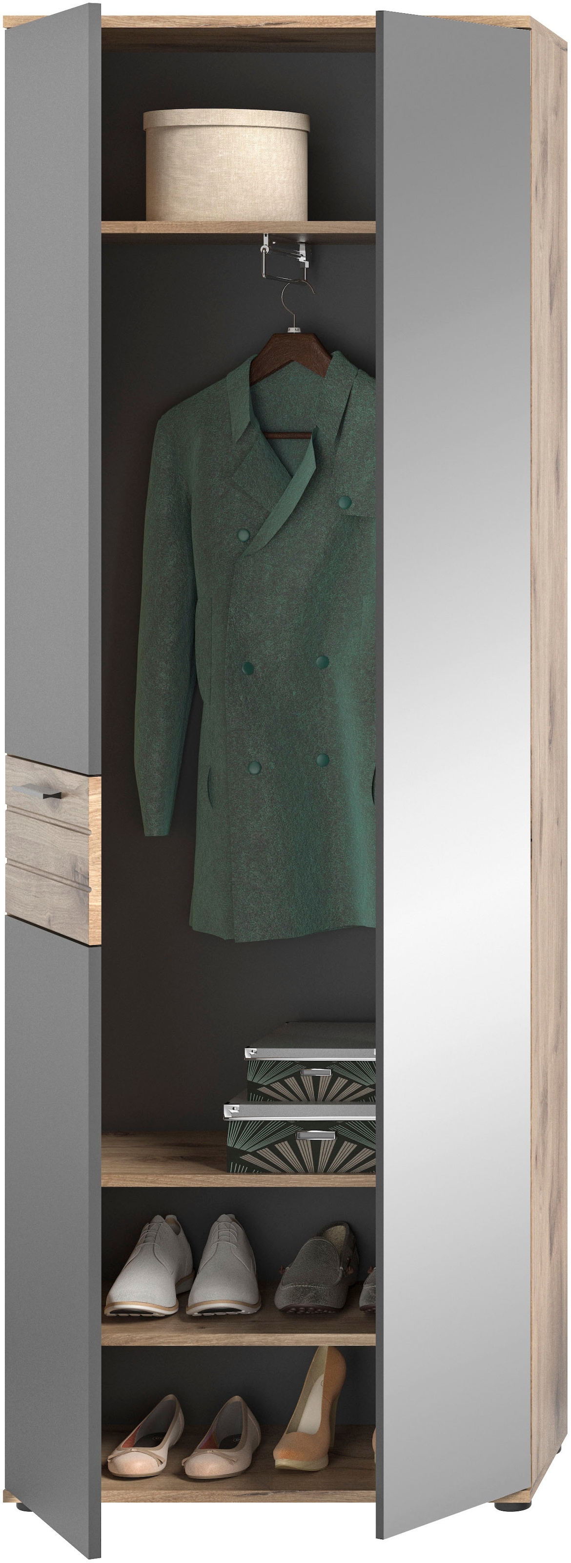 INOSIGN Garderobenschrank »Riga, Höhe 200 cm, 2 Türen, 4 Einlegeböden, 1 Kleiderstange«, mit Softclose, Kleiderstange ausziehbar,universal einsetzbarer Schrank