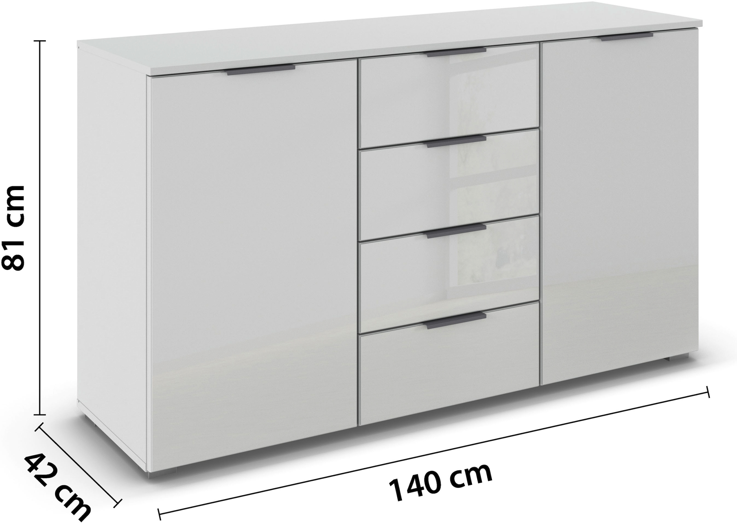 rauch Kombikommode »Sideboard Kombikommode Schubladenkommode AGORDO mit Glasfront«, (in zwei Griff-Farben), mit 4 Schubkästen und 2 Türen sowie Metallgriffen MADE IN GERMANY