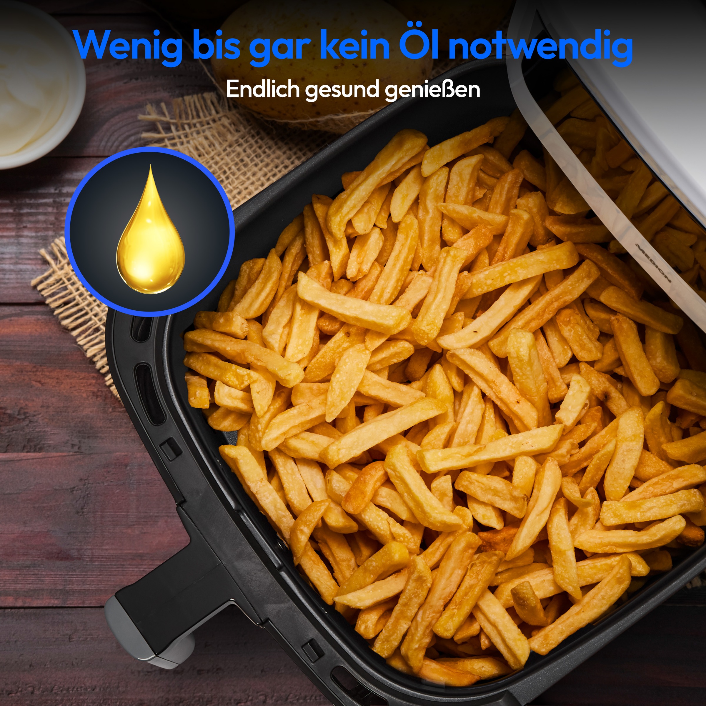 Medion® Heißluftfritteuse »P10 XL (MD 11750), 6,8 L Korbvolumen, 9 Automatikprogramme, Vorheizen«, 2000 W, Fassungsvermögen 6,8 l, Temperatur einstellbar 50 - 200 °C, ILAG Beschichtung, Timer