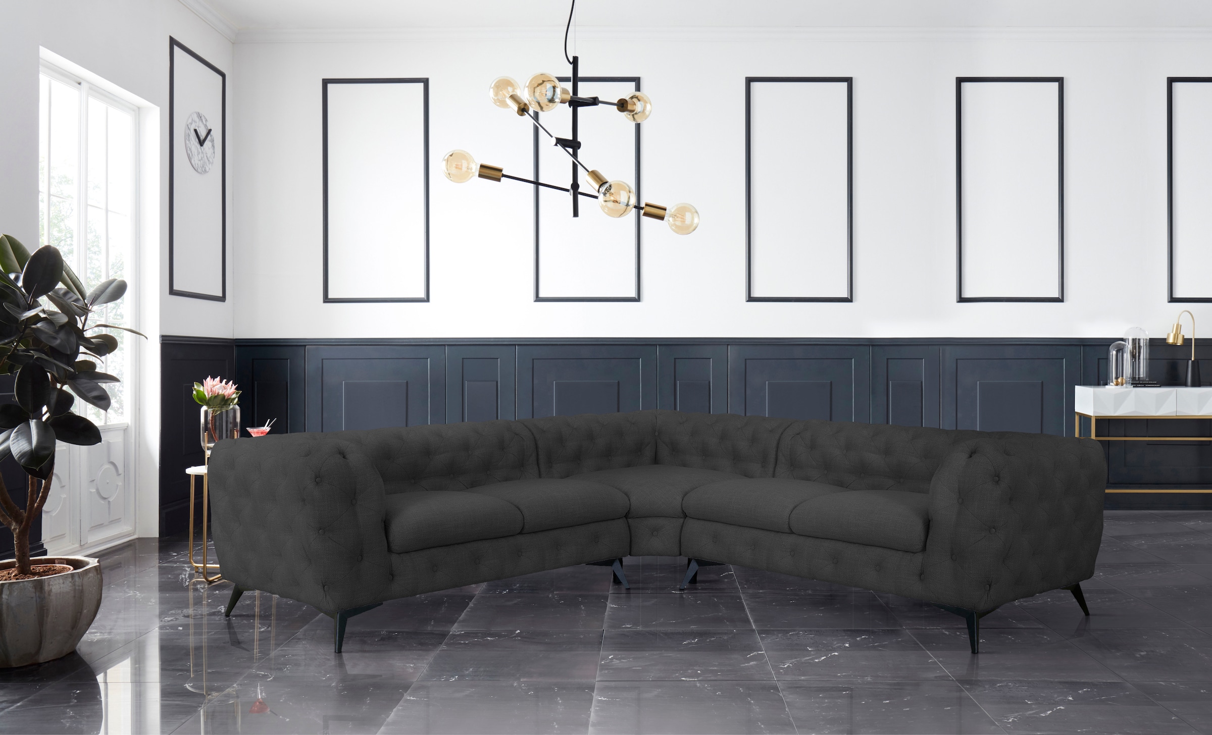 Leonique Chesterfield-Sofa »Ecksofa GLYNIS L-Form mit Wellenunterfederung, Maße B/T/H 264/264/75cm«, aufwändige Knopfheftung, moderne Chesterfield Optik, Fußfarbe wählbar