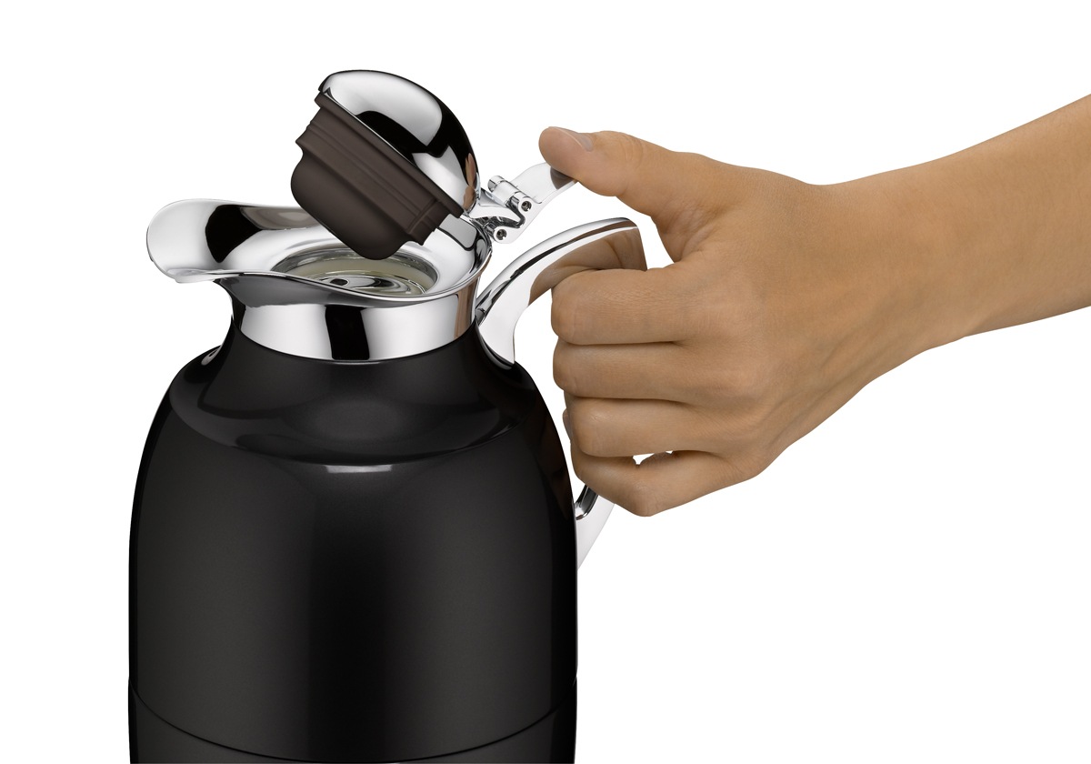 Alfi Isolierkanne »JUWEL, mit Hartglaseinsatz« 1 l 1 Stk. tlg. 12h heiß & 24 kalt, locker aufliegendes Scharnier-Deckelsystem