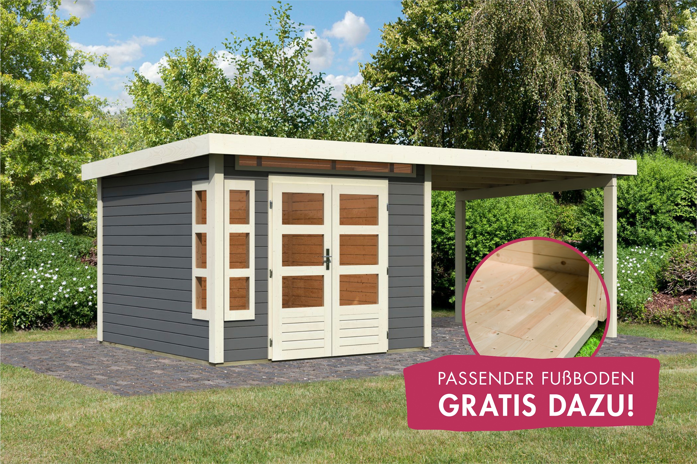 Karibu Gartenhaus »Kolimasee 6«, (Set), mit Anbaudach 3,2 m, terragrau