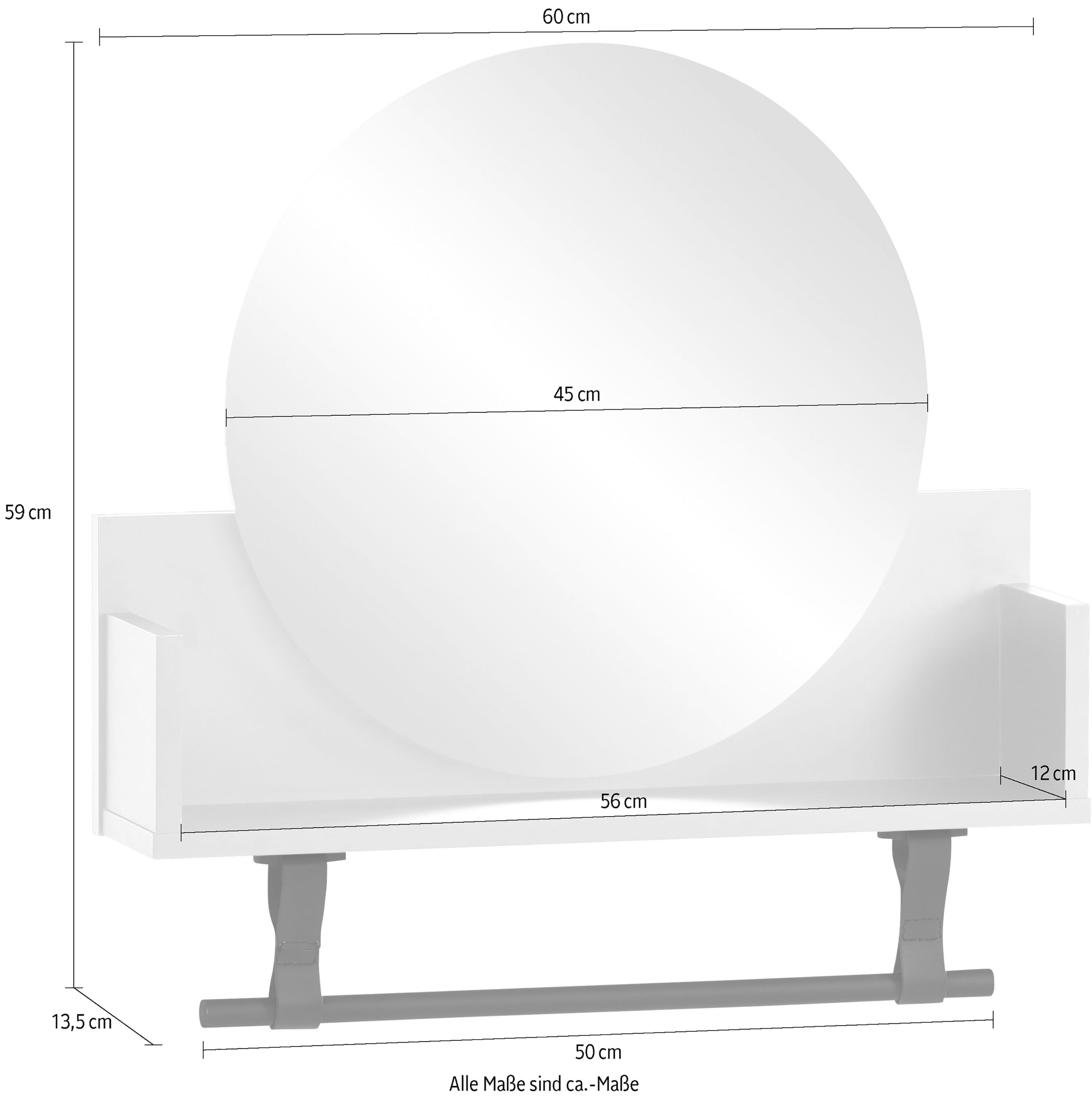 Schildmeyer Wandregal »Ella, Breite 59 cm«, Kleiderstange aus Kunststoff, Schlaufen aus Leder, runde Spiegelfläche