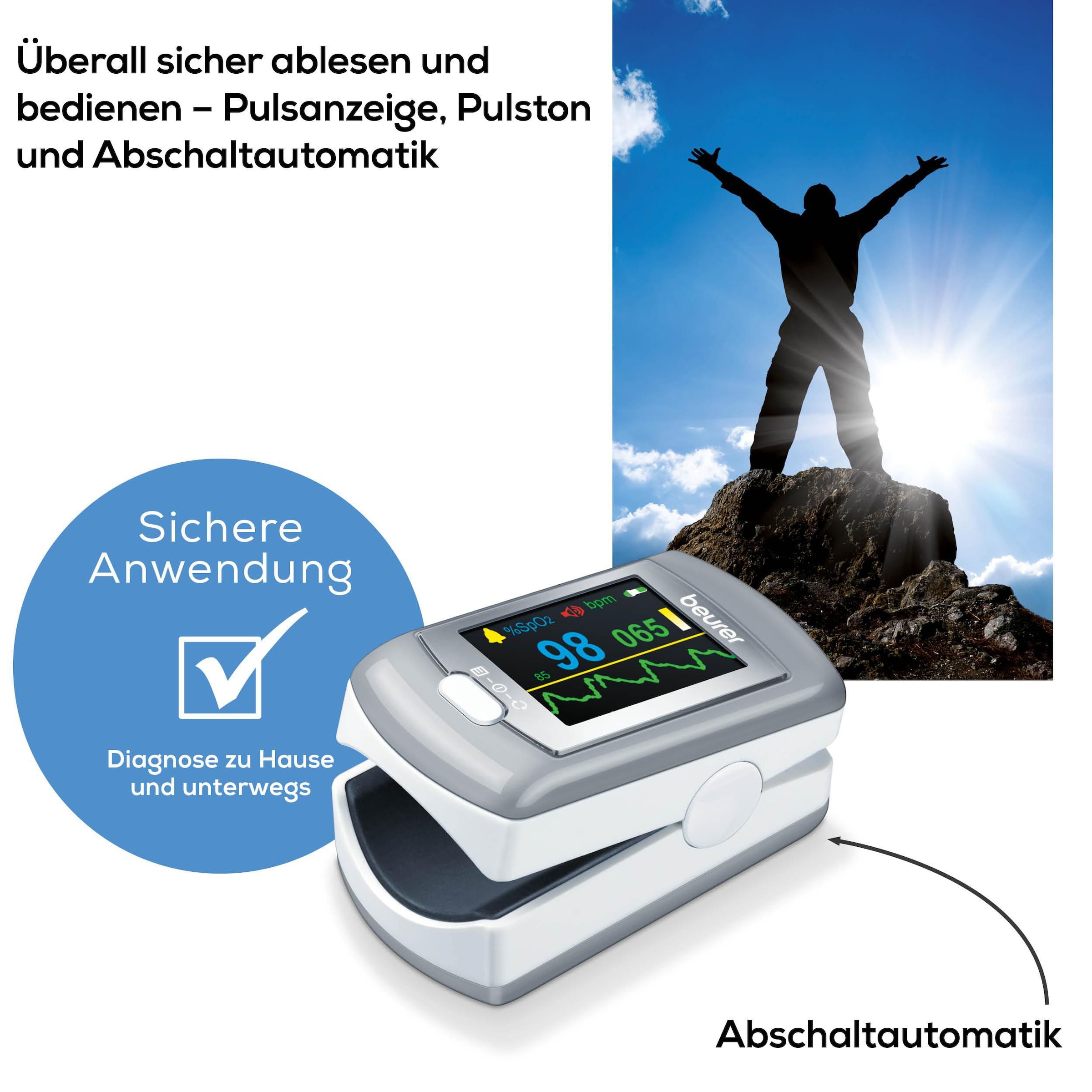 BEURER Pulsoximeter »PO 80 zur Messung der Sauerstoffsättigung und Herzfrequenz«, Mit Akku, aufladbar über USB oder Steckernetzteil