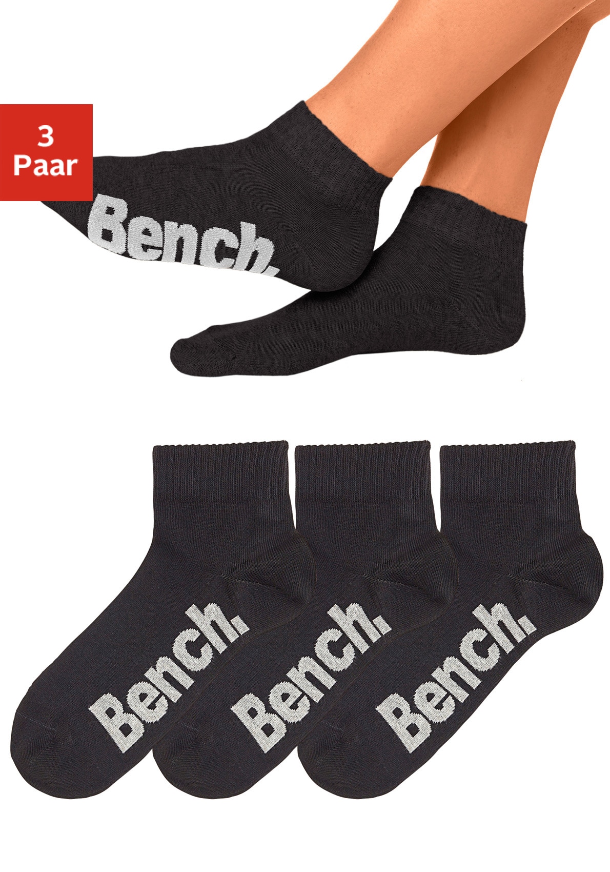 Bench. Kurzsocken, (Packung, 3 Paar), mit bequemen Rippbündchen