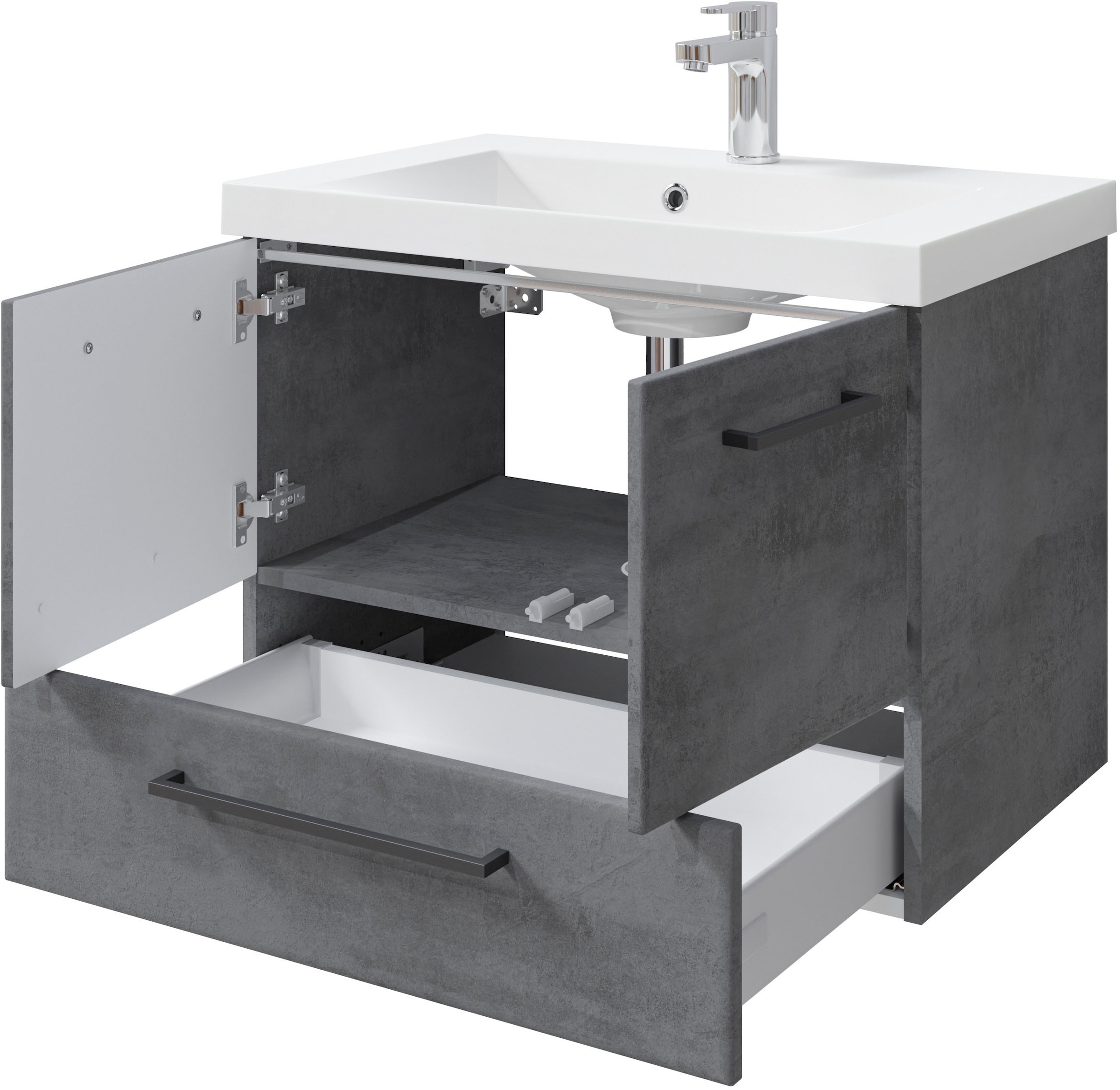 Saphir Badmöbel-Set »Quickset 945 3-teilig, Mineralmarmor-Waschtisch mit LED-Spiegelschrank«, (4 St.), Midischrank, 6 Türen, 3 Schubladen, 8 Einlegeböden, inkl. Türdämpfer