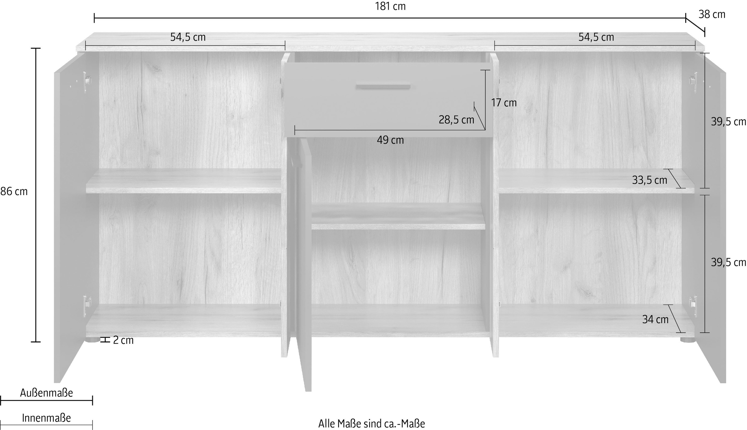 Home affaire Kommode »Estepona« Sideboard mit anpassbaren Türen mit Rillen-Optik