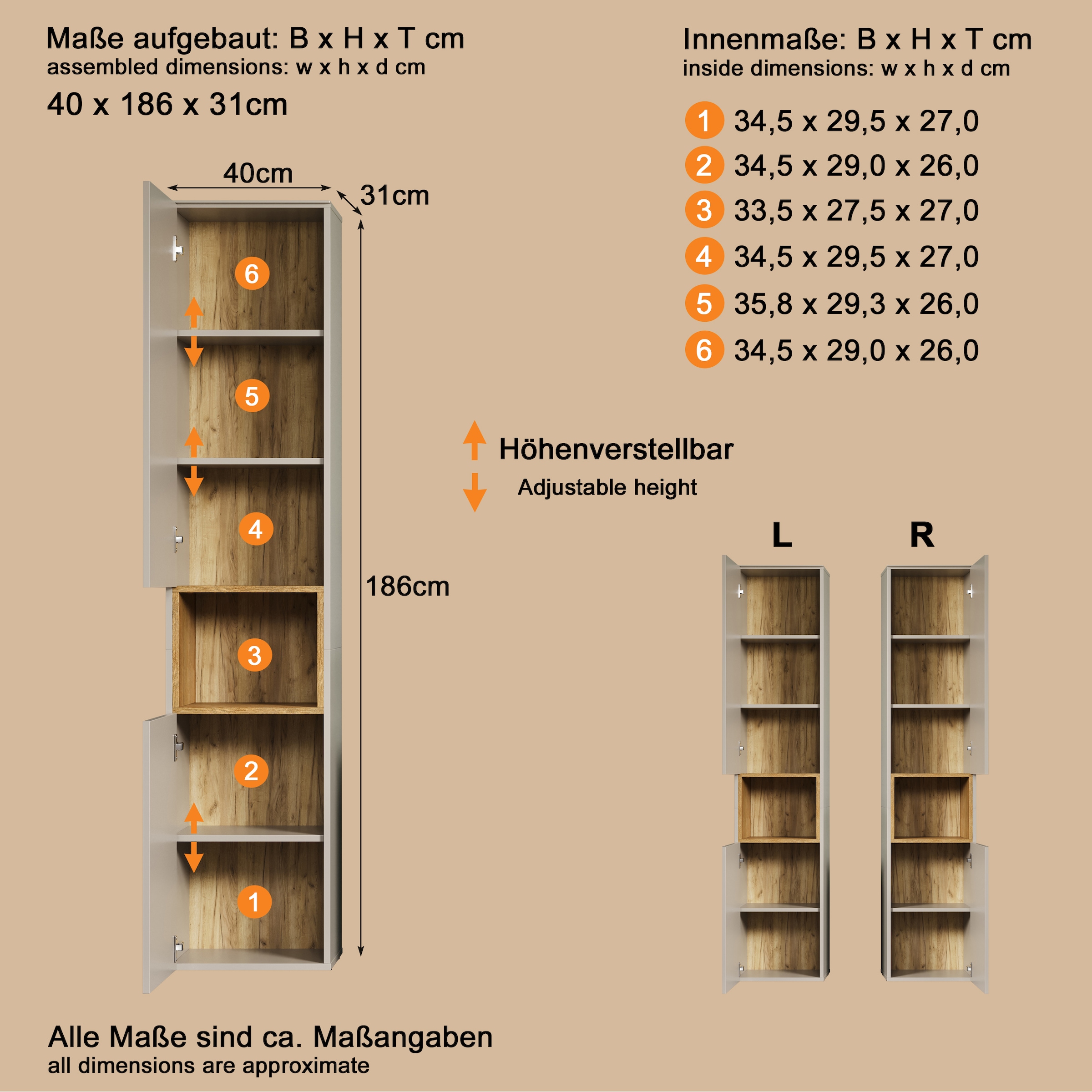 welltime Hochschrank »San Pedro« 1 Stk. tlg. Badezimmerschrank mit Soft-Close-Funktion - Maße (B/T/H) 40/31/186 cm