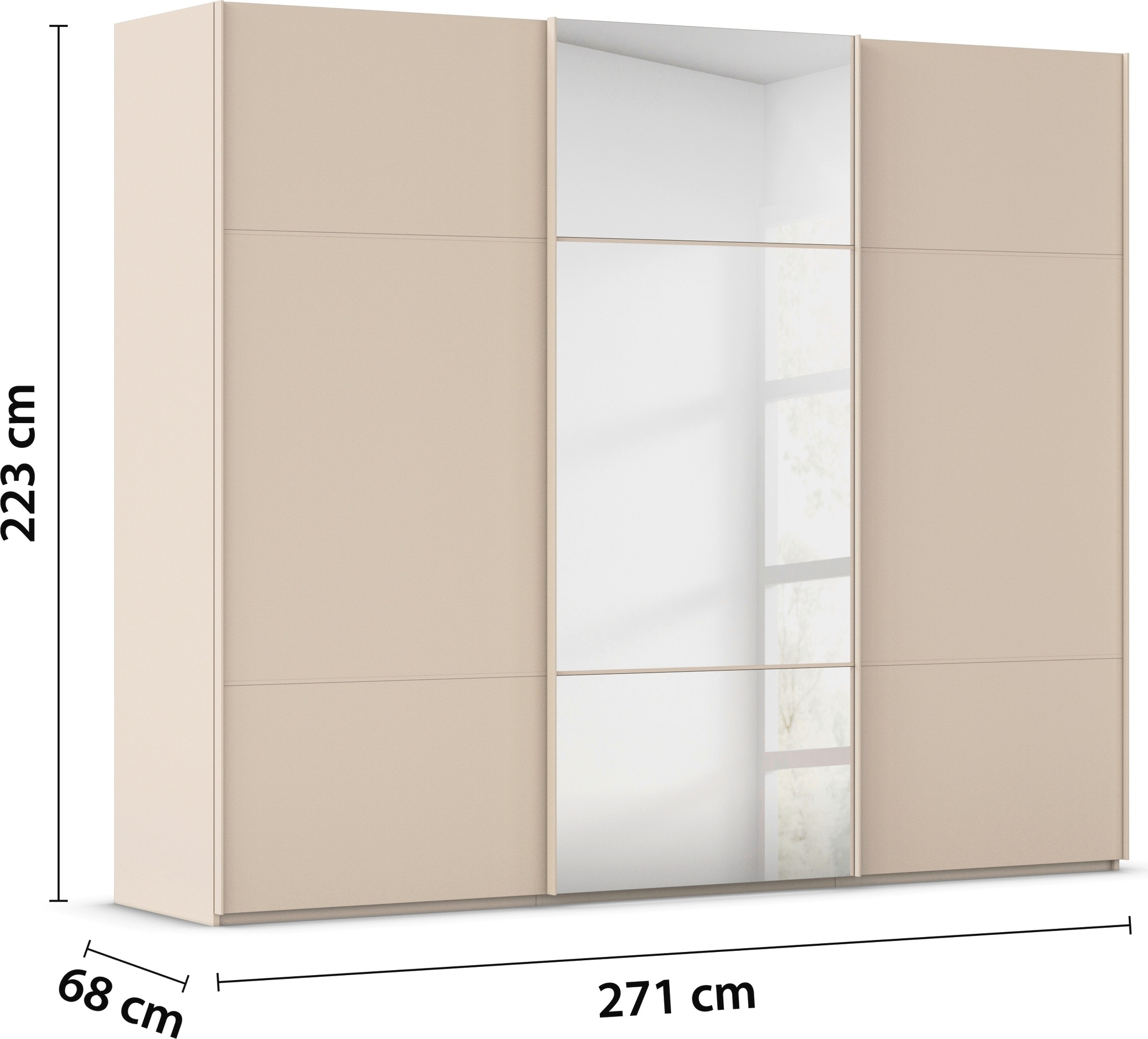rauch Schwebetürenschrank »Kleiderschrank Schrank Garderobe Schlafzimmerschrank SCALE-TRIO«, edle dreigeteilte Front mit 2 Zierleisten und Spiegel MADE IN GERMANY