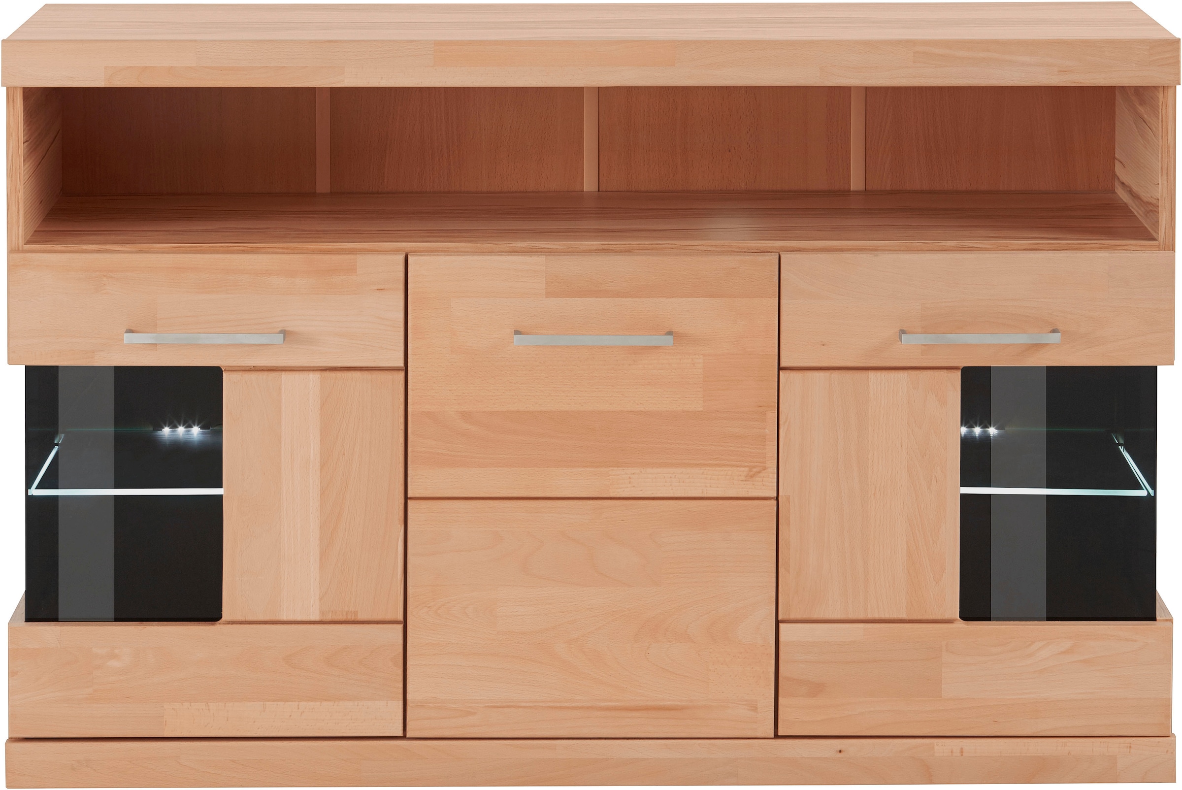 Home affaire Sideboard »Ribe,130cm breit,Fronten Massivholz,2Türen mit gehärtetem Glaseinsatz«, Korpus aus Holzwerkstoff, Metall Griffe,7 Fächer, Böden versetzbar