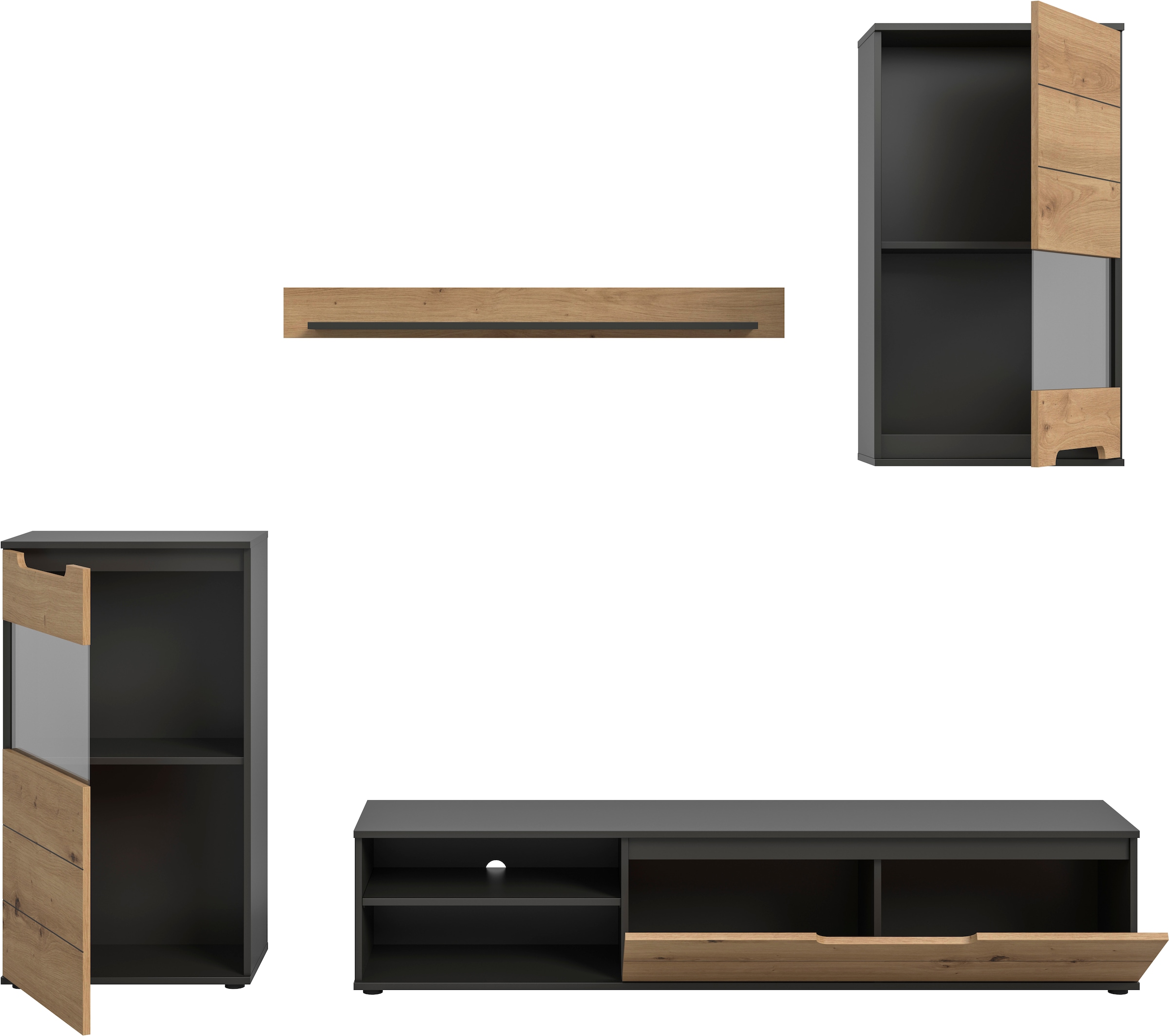 INOSIGN Wohnwand »SKEPP, 4-teilig, best. aus: 2x Vitrine, 1x Lowboad & 1x Wandboard«, Anbauwand, Set, Möbelset, TV-Wand, Wohnzimmerset, Schrankwand