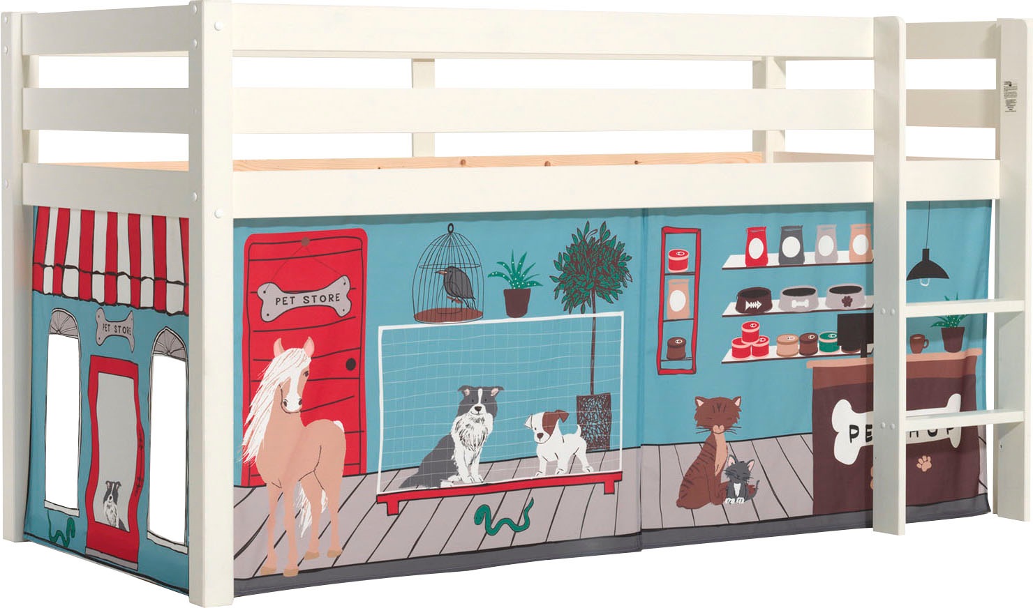 Vipack Spielbett »Pino, Kiefer massiv, mit Rolllattenrost u. Textil-Set, Made in Europe«, (B/H/T ca. 210x114x106cm, mit Leiter und Absturzschutz), verschiedene Textil Dessins, 3 Gestellfarben zur Wahl