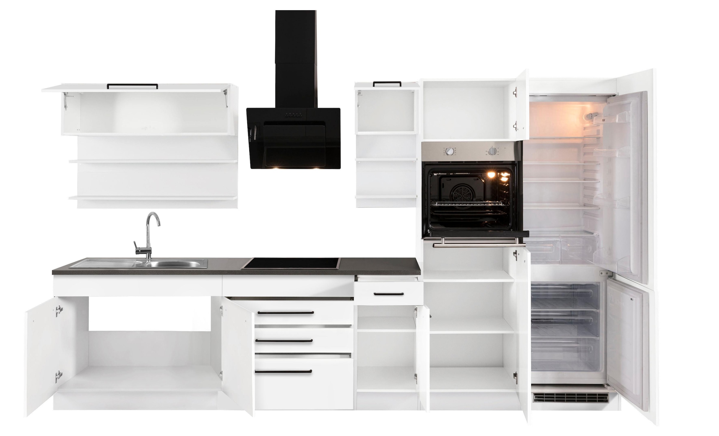 KOCHSTATION Küchenzeile »KS-Tulsa«, mit E-Geräten, Breite 350 cm, schwarze Metallgriffe, MDF Fronten