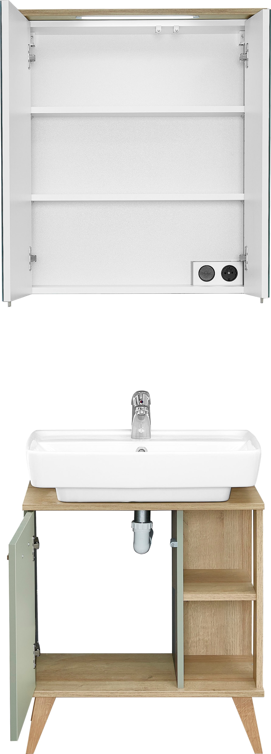 Saphir Badmöbel-Set »Quickset 2-teilig, Waschbeckenunterschrank mit LED-Spiegelschrank«, (2 St.), Waschplatz inkl Türdämpfer, 3 Türen, 2 Einlegeböden, setiliche Ablagen