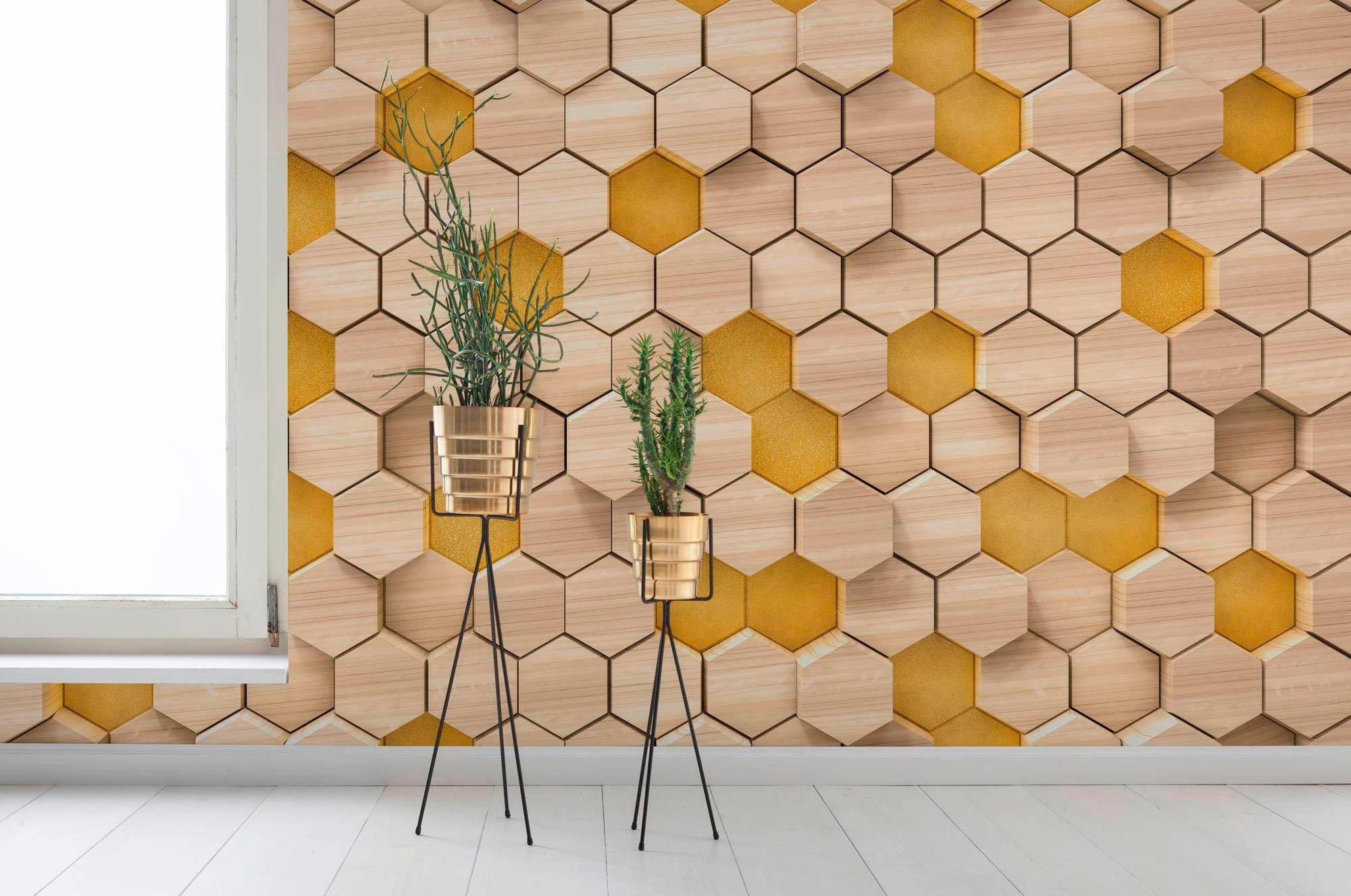 Sanders & Sanders Fototapete Hexagon Beige und Gelb 400 x 250 cm 611883 günstig online kaufen