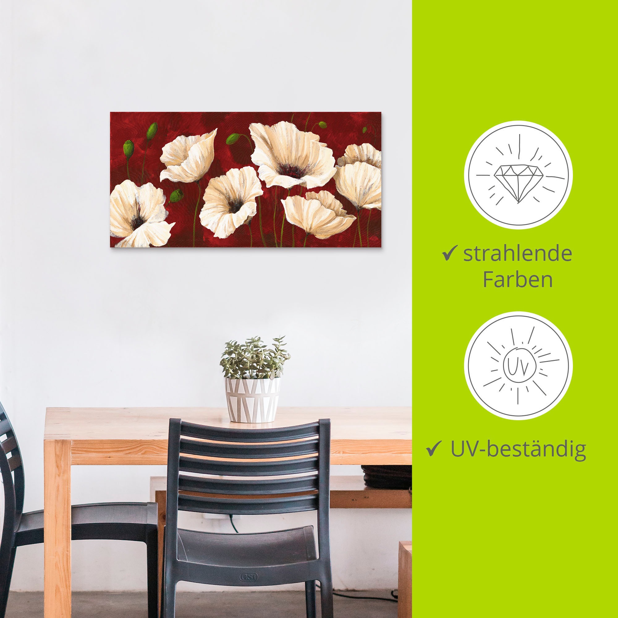 Artland Wandbild »Weiße Mohnblumen vor rot«, Blumen, (1 St.), als Alubild, Outdoorbild, Leinwandbild, Poster, Wandaufkleber