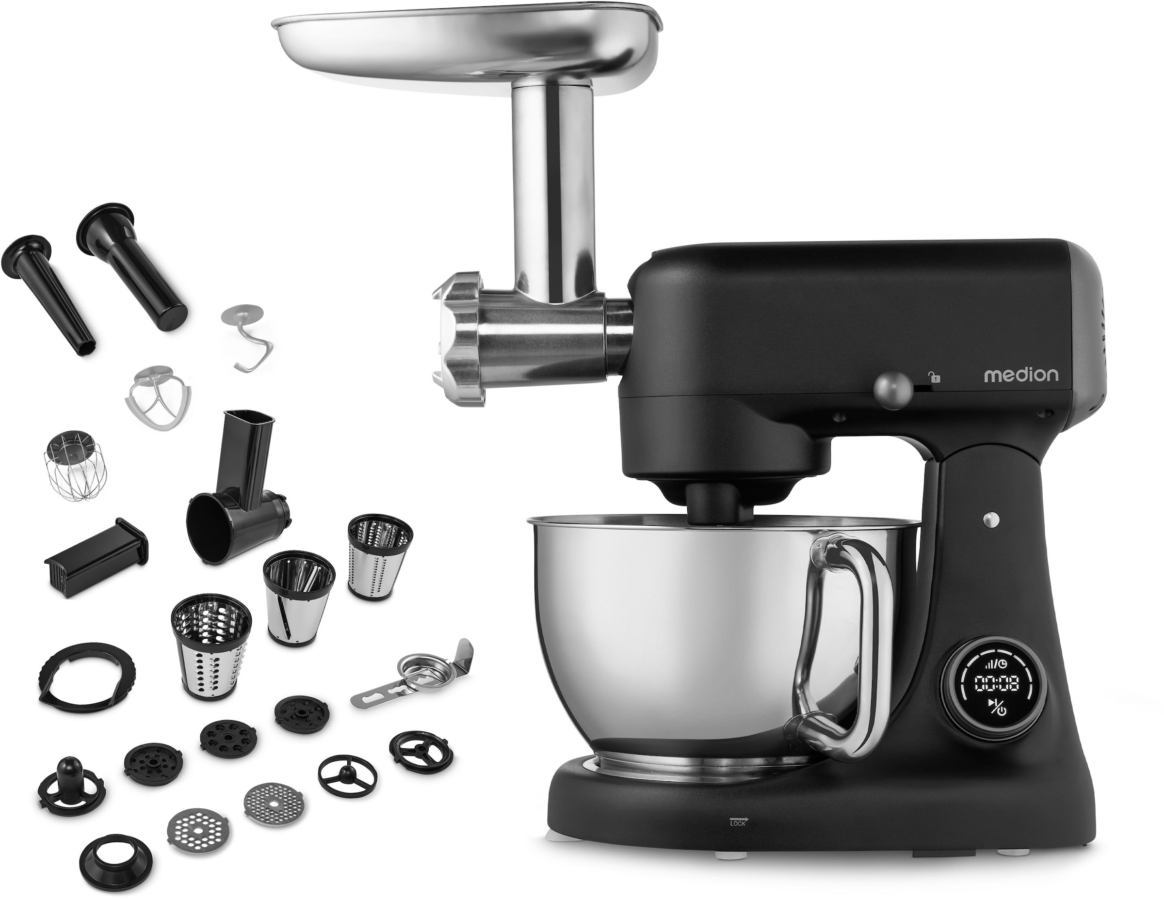 Medion® Küchenmaschine »MD 12600, 8 Geschwindigkeitsstufen, Impulsfunktion, DC-Motor, 4,6 L«, Mit umfangreichem Zubehör-Set, Fleischwolf-Aufsatz, Gemüsereibe