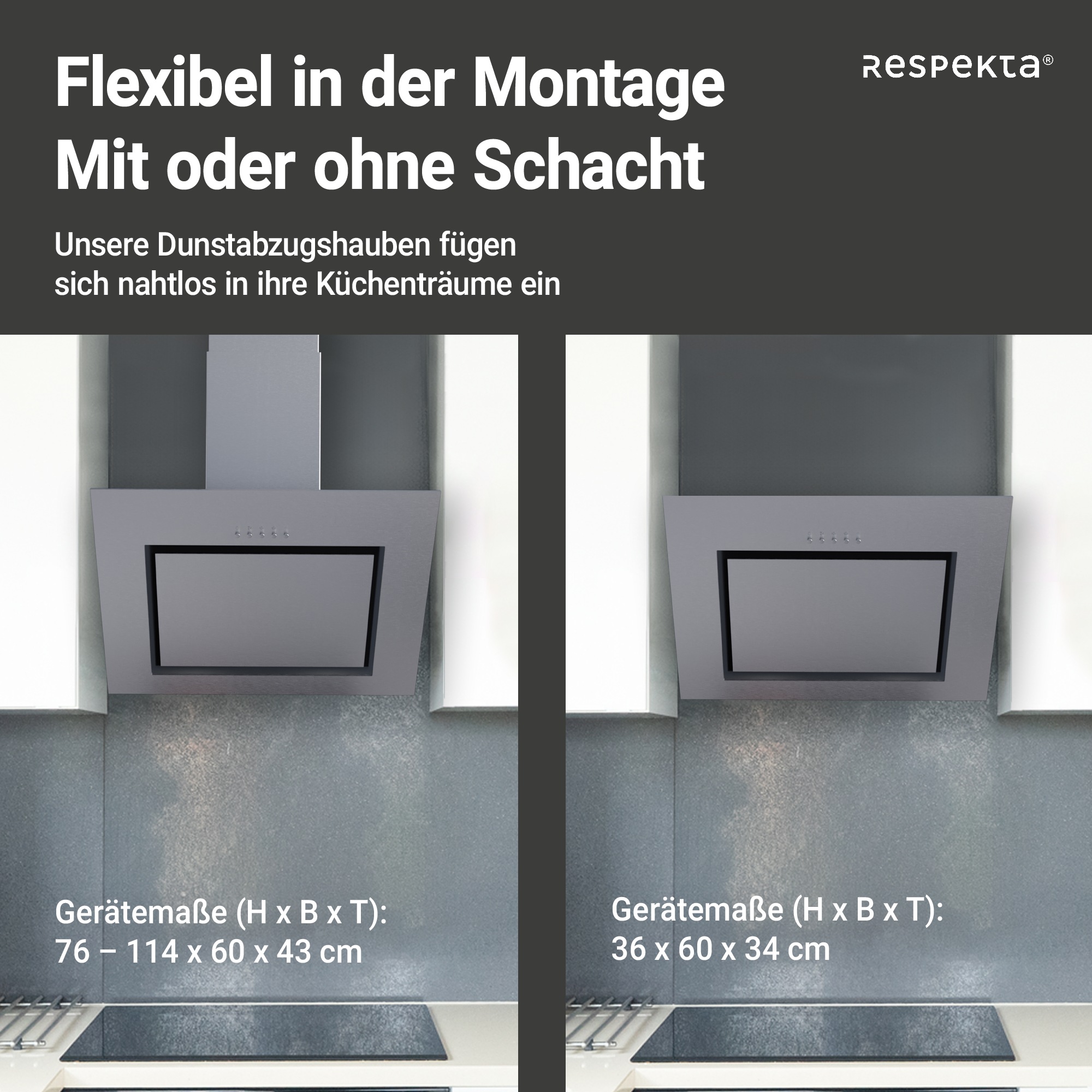 RESPEKTA Kopffreihaube »CH 22020 IXB«, Serie Numa, 60 cm, 3 Leistungsstufen, LED-Beleuchtung, Ab- und Umluftfähig