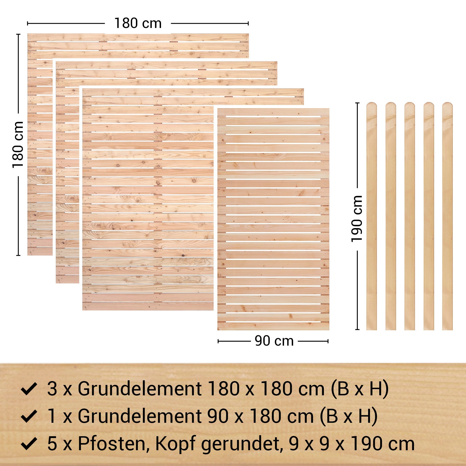 BM Massivholz Zaun »Kurt Set 3.1«, 3 Elemente 180 x 180cm, 1 Element 90x180cm, 5 Pfosten, Länge 190cm
