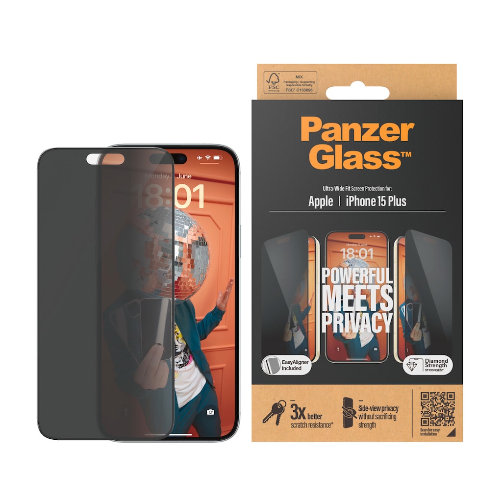 PanzerGlass Displayschutzglas »Privacy Screen Protector Glass«, für iPhone 15 Plus, Ultra Wide Fit