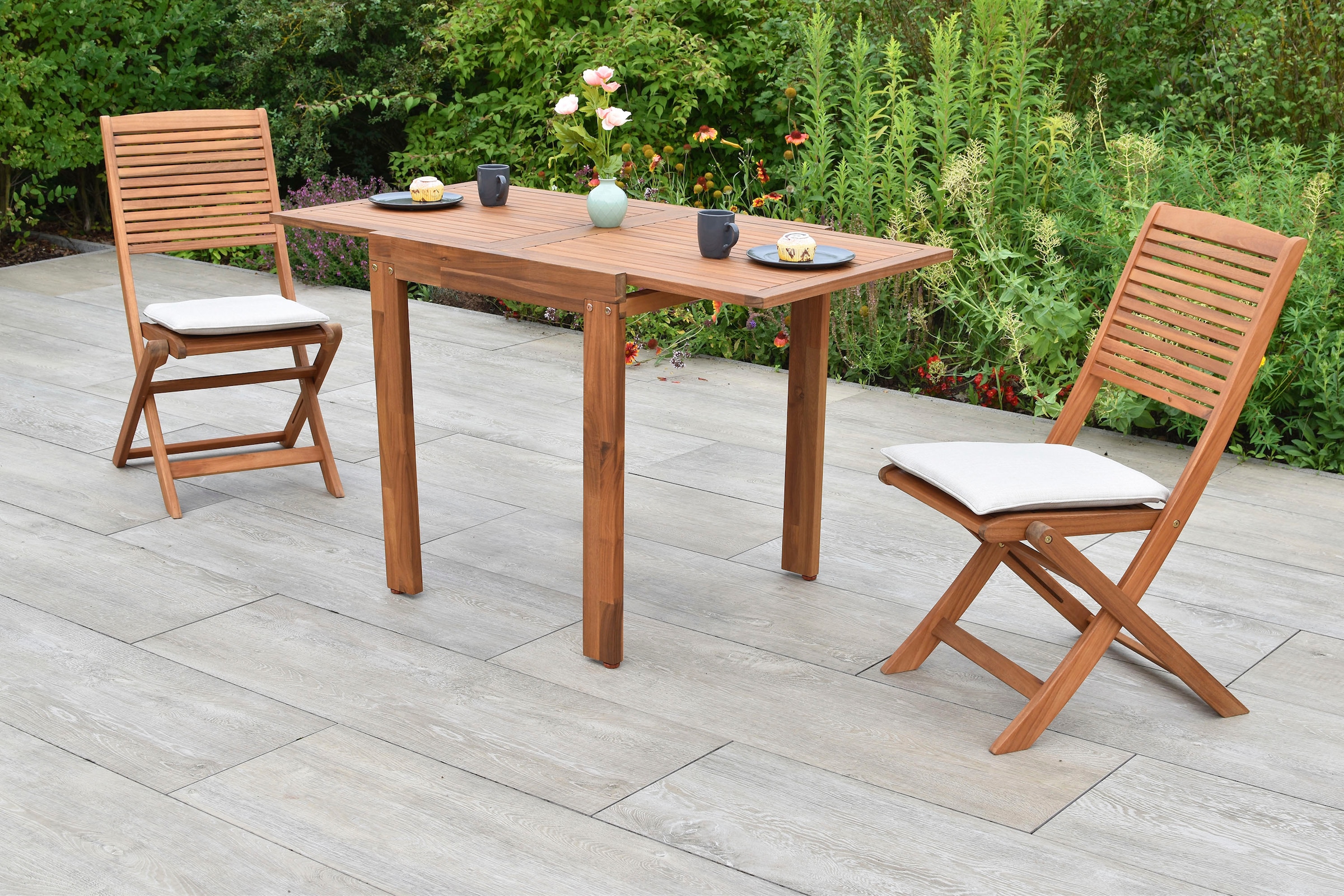 MERXX Balkonset »Bali« Set, 5 tlg. inkl. 2 Klappstühle, 2 Sitzkissen, 1 Balkonausziehtisch