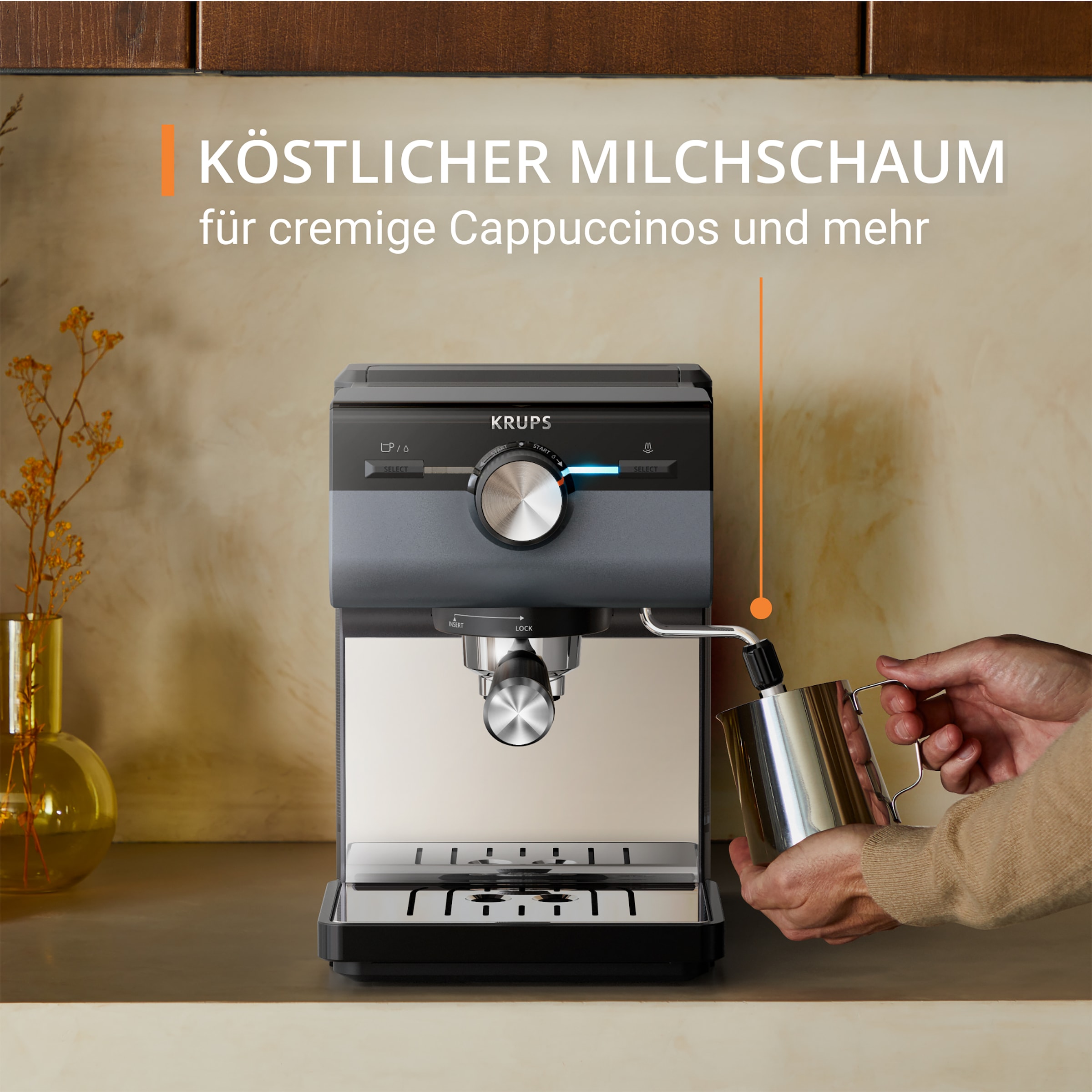 Krups Siebträgermaschine »XP384G Authentic+«, intuitives Bedienfeld, Milch-Aufschäumdüse, 3 Siebeinsätze