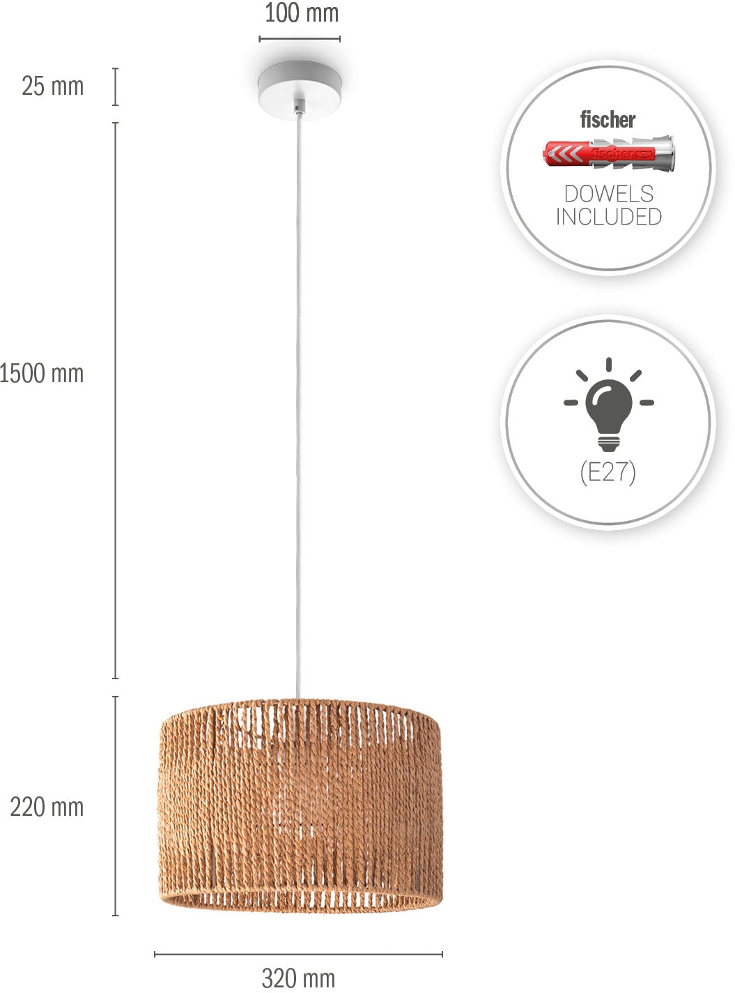 Paco Home Pendelleuchte »Hugo Buena«, Leuchtmittel E27 | ohne Leuchtmittel, Wohnzimmer Esszimmer Rattan Optik Boho Lampenschirm Papier