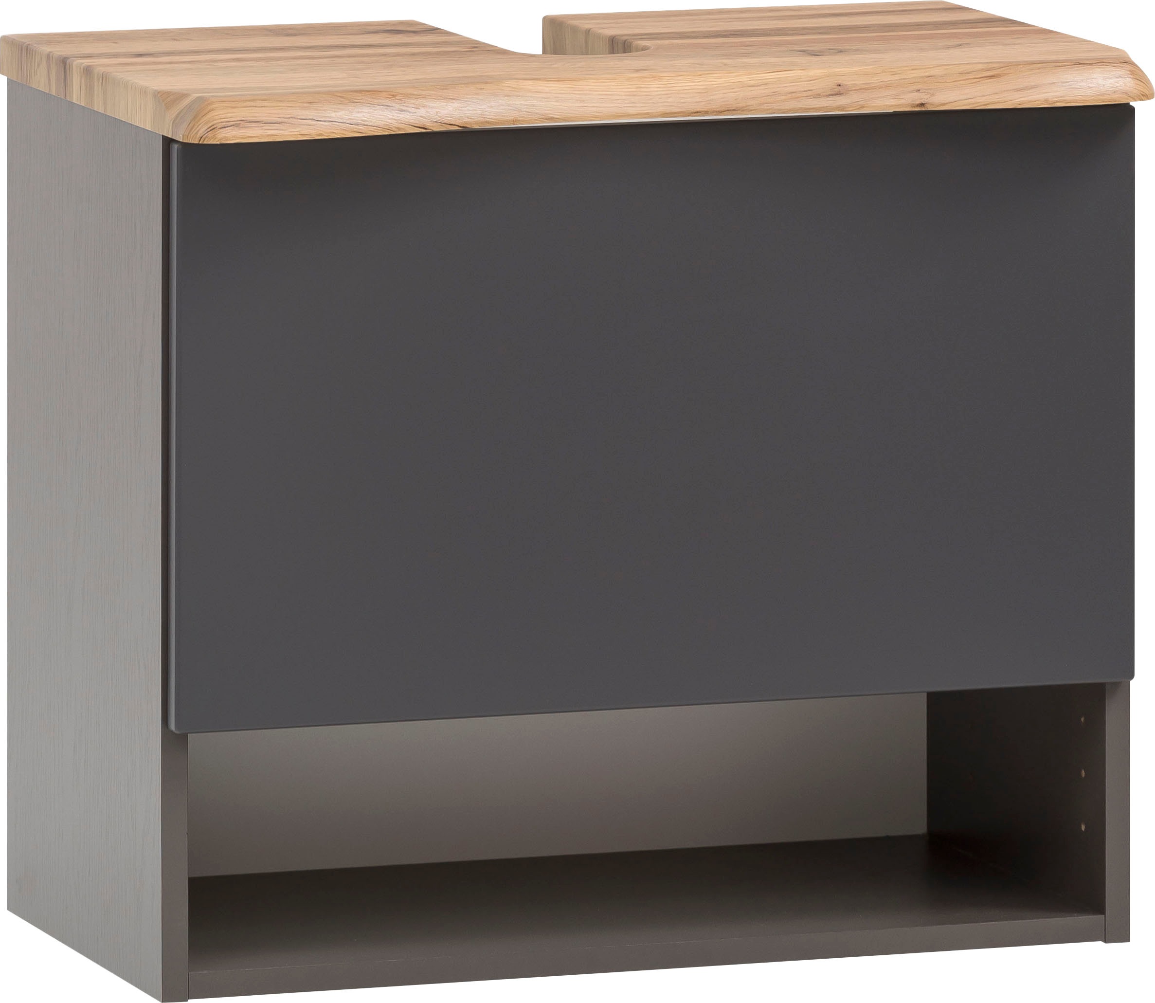 welltime Waschbeckenunterschrank »Stubach«, Bad Schrank, Abdeckplatte mit Baumkante, Breite 60 cm