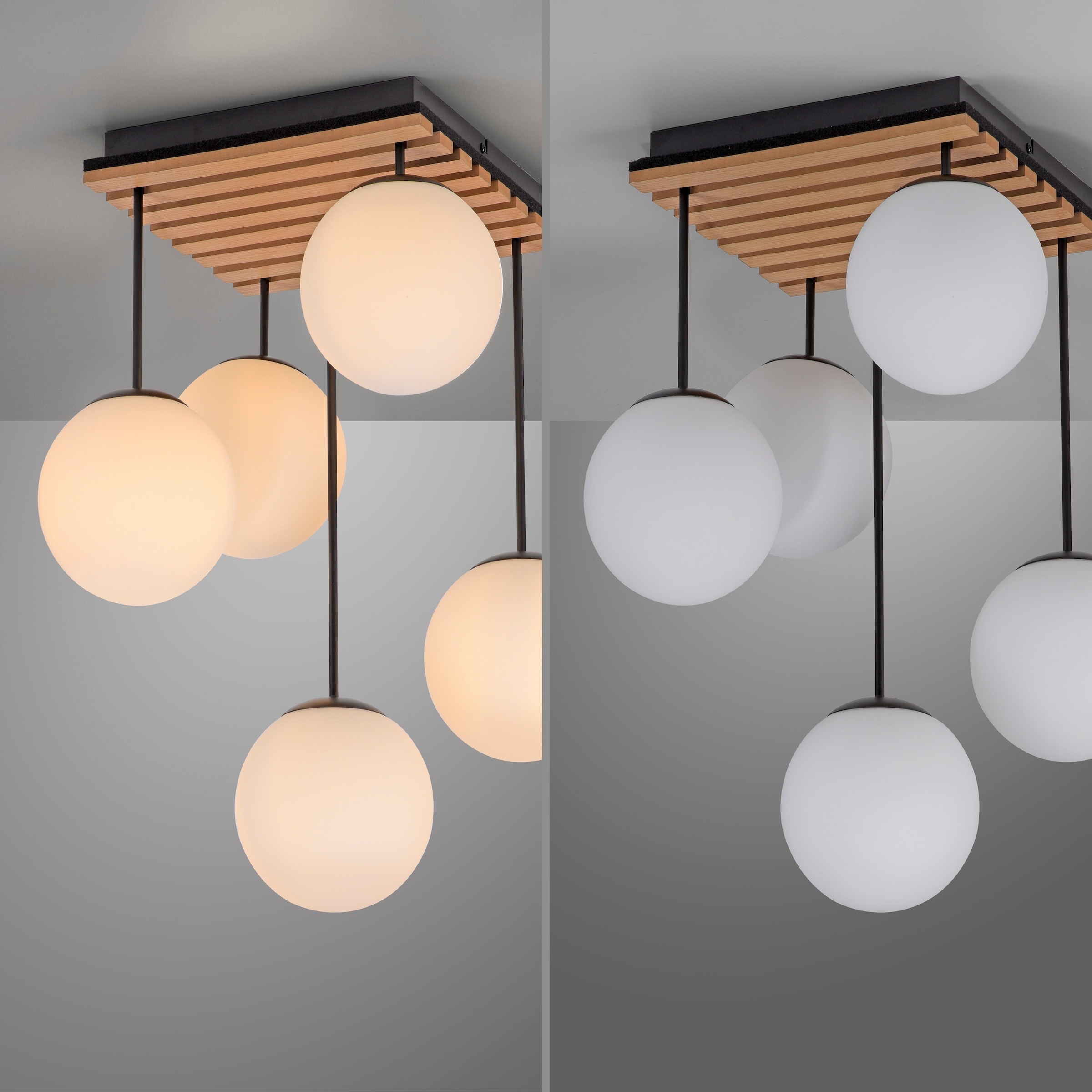 Leonique Deckenleuchte »Erinette Akustikpaneele mit Glaskugeln«, 5 flammig, Leuchtmittel E14 | ohne Leuchtmittel-Leuchtmittel wechselbar, Holz, Akustik, Paneele, Glas, Deckenlampe E14