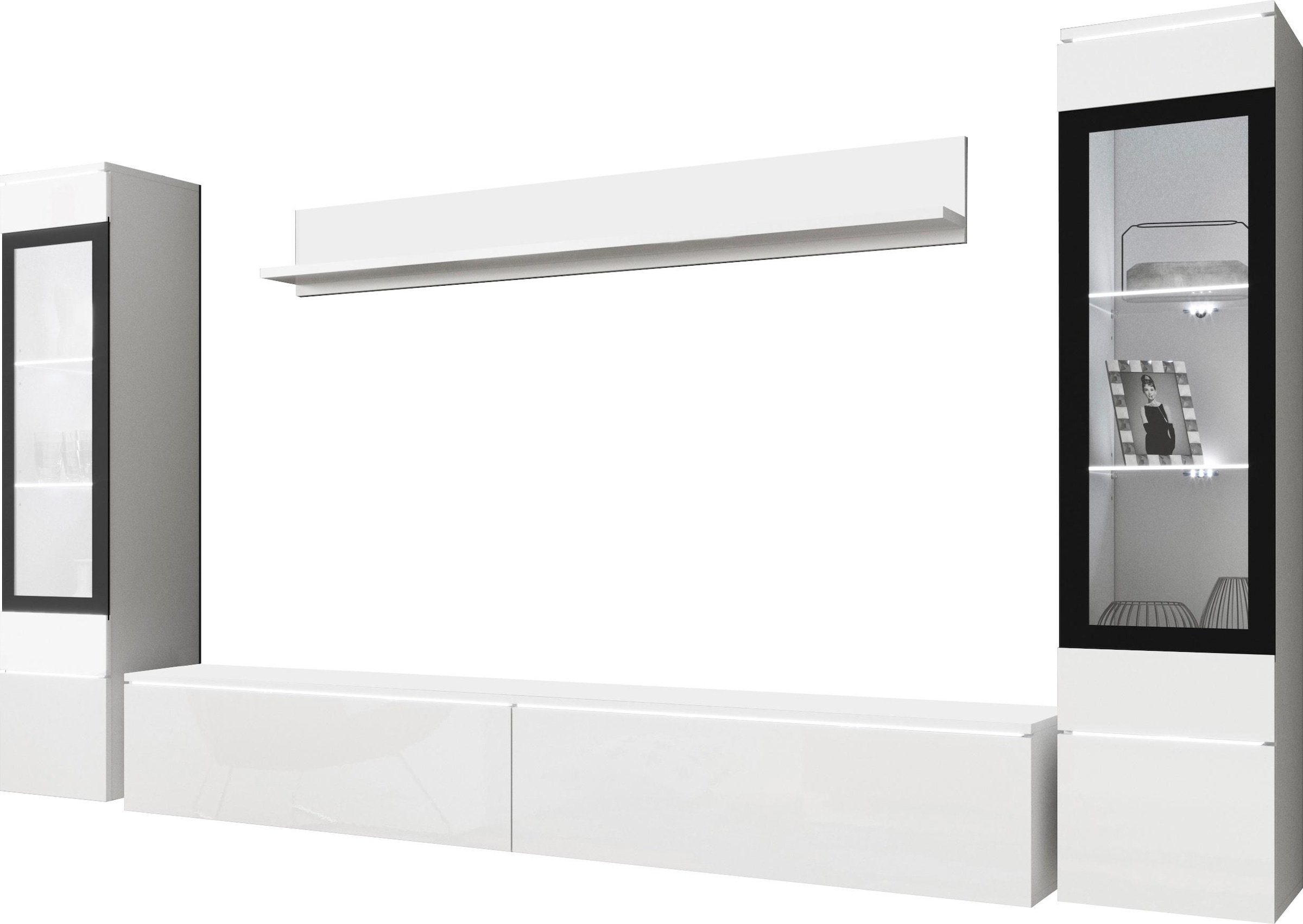 INOSIGN Wohnwand »VERA II, Vitrinen Türanschlag wechselbar«, (Komplett-Set, 4 St.), Mediawand 260 cm, Vitrine mit Verglasung, stehend und hängend