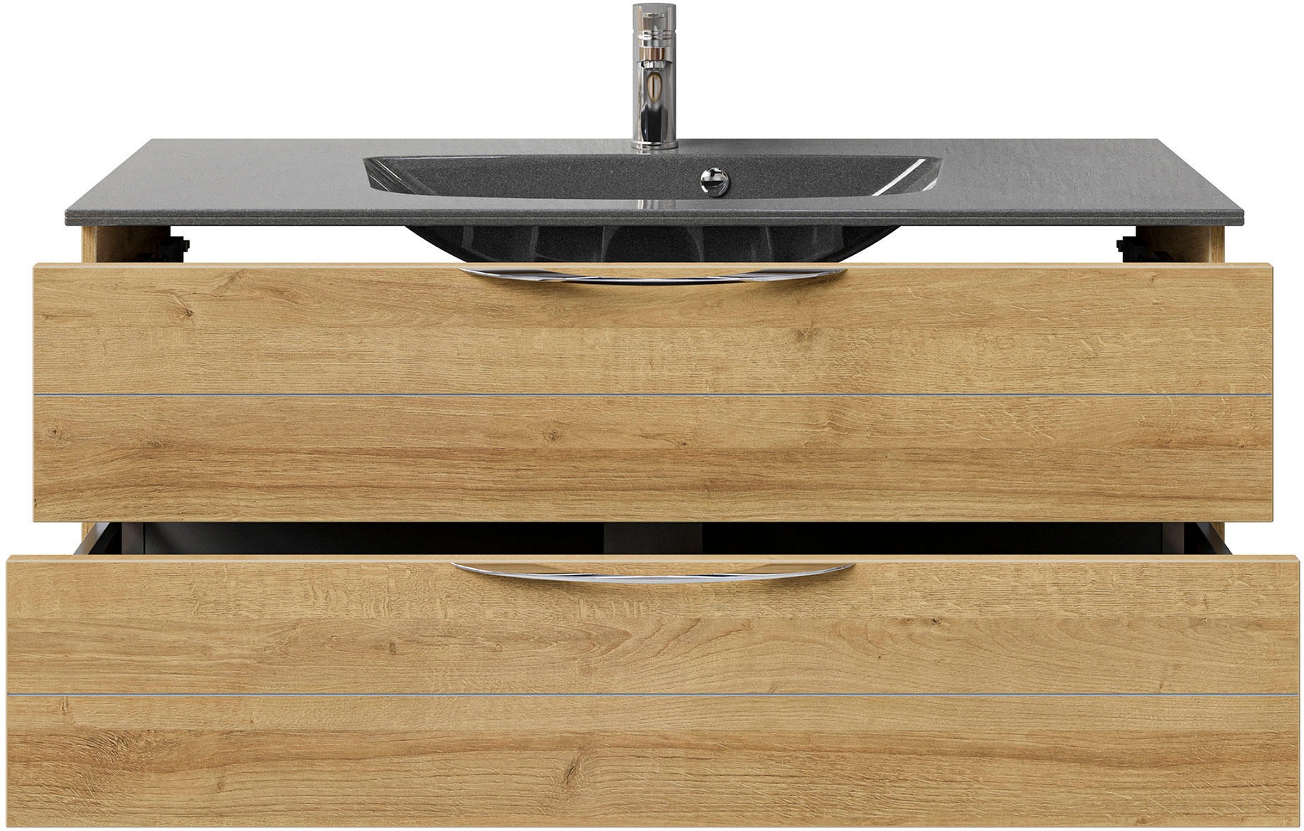 Saphir Badmöbel-Set »Serie 6025 2-teilig Mineralmarmor-Waschtisch mit LED-Spiegelschrank«, (2 St.), Waschplatz 117cm breit, 2 Schubladen, 3 Spiegel-Türen, inkl Türdämpfer