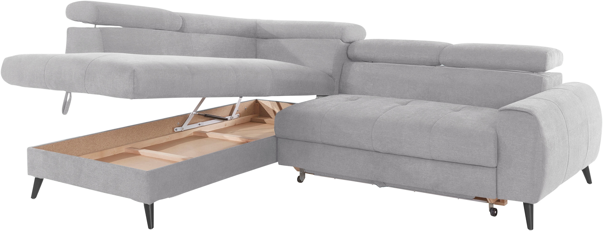 COTTA Ecksofa »Mia L-Form mit 3 Zierkissen«, wahlweise mit Bettfunktion, Bettkasten, Beleuchtung & Wireless-Charger