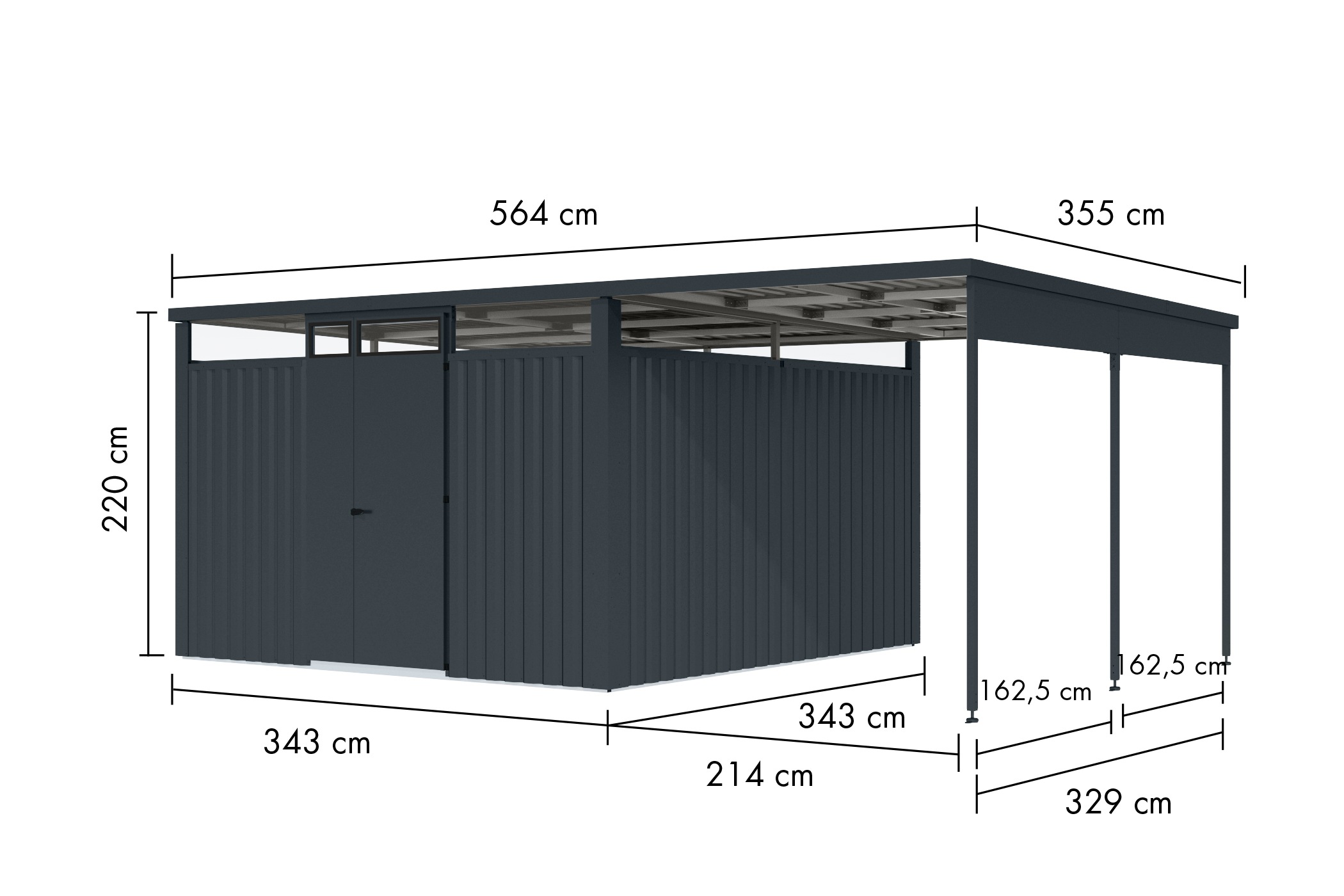 Karibu Gartenhaus »"Østen 3,5" SET mit Anbaudach 2,25 m«, pulverbeschichtetes Trapezblech, Rahmen aus verzinktem Vierkantrohr