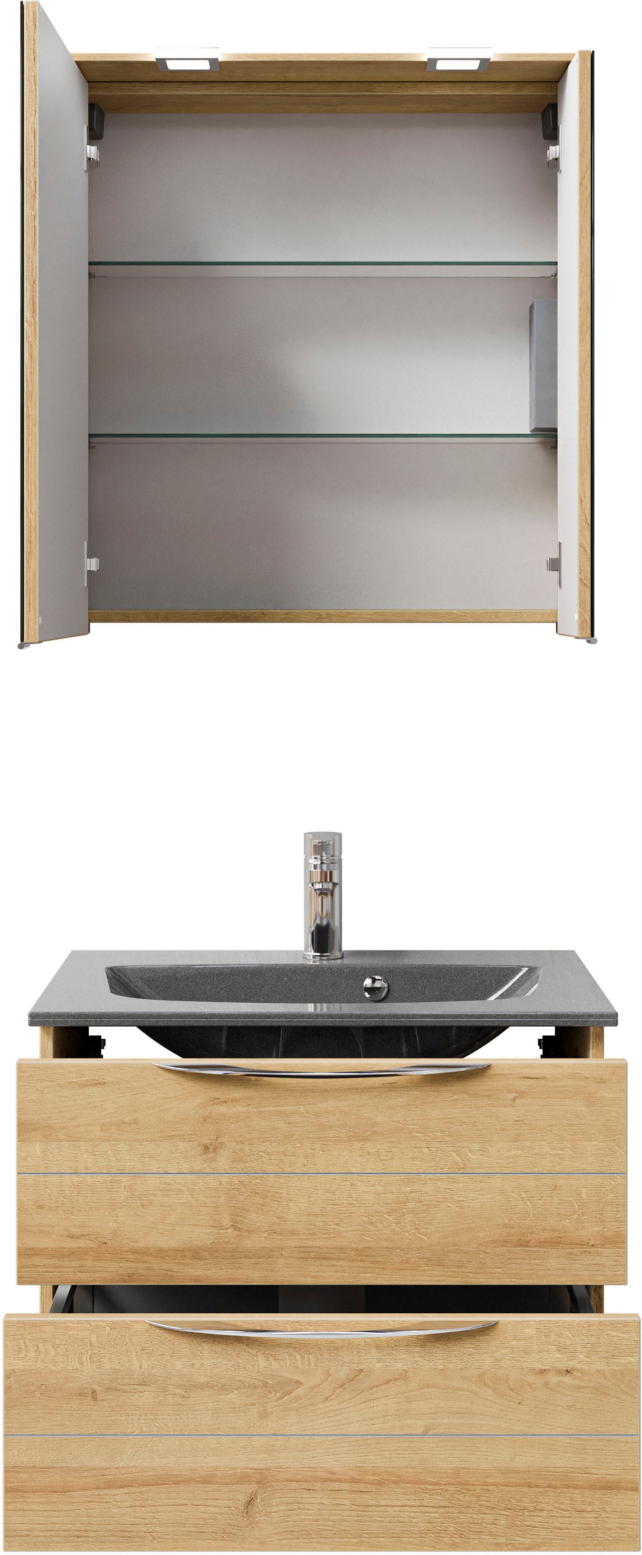 Saphir Badmöbel-Set »Serie 6025 2-teilig Mineralmarmor-Waschtisch mit LED-Spiegelschrank«, (2 St.), Waschplatz 67 cm breit, 2 Schubladen, 2 Spiegel-Türen, inkl Türdämpfer