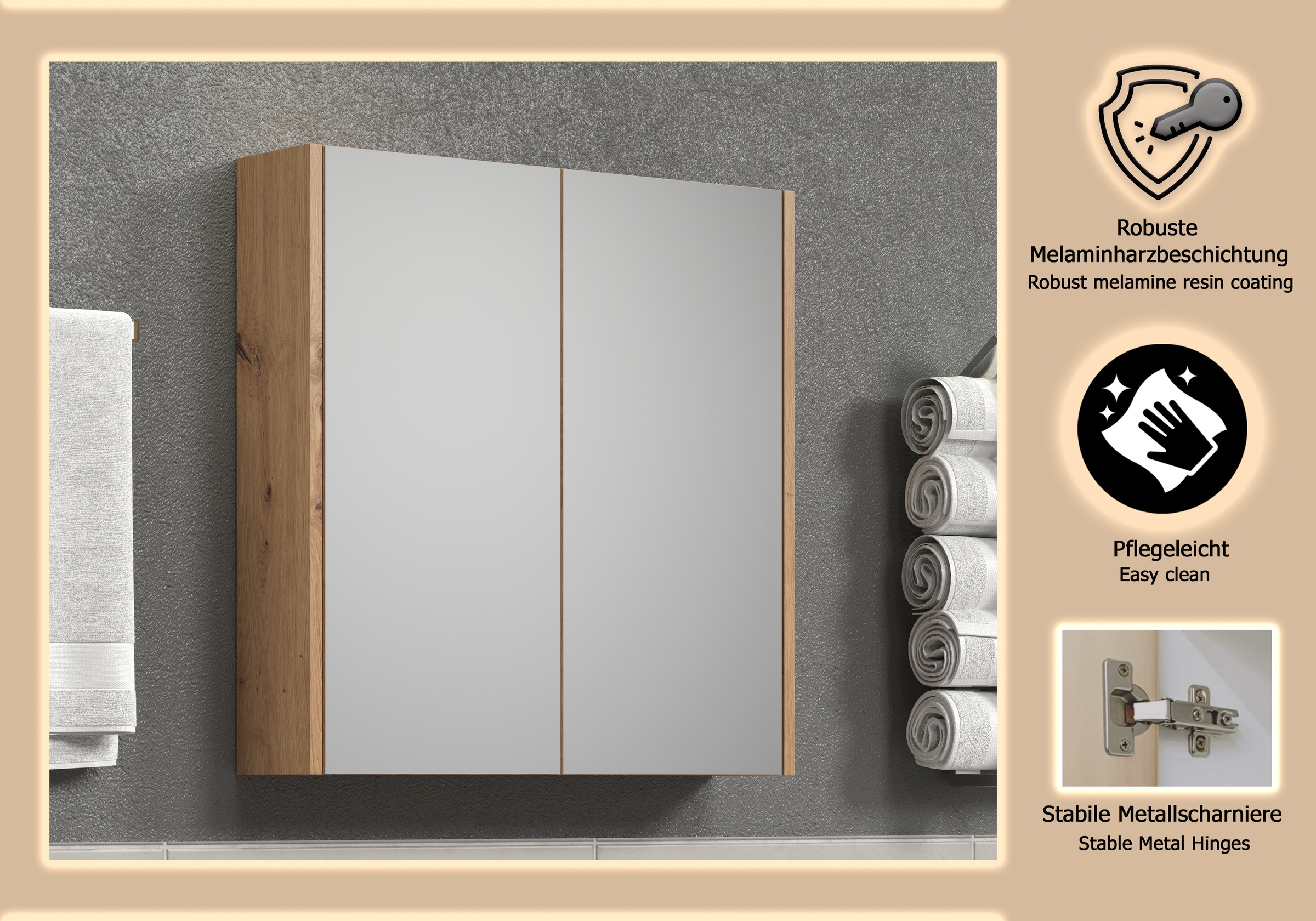 PLACES OF STYLE Spiegelschrank »Tarragona« 1 Stk. tlg. Spiegelschrank mit 2 Türen & 2 Böden - (B/T/H) 69/15/70 cm