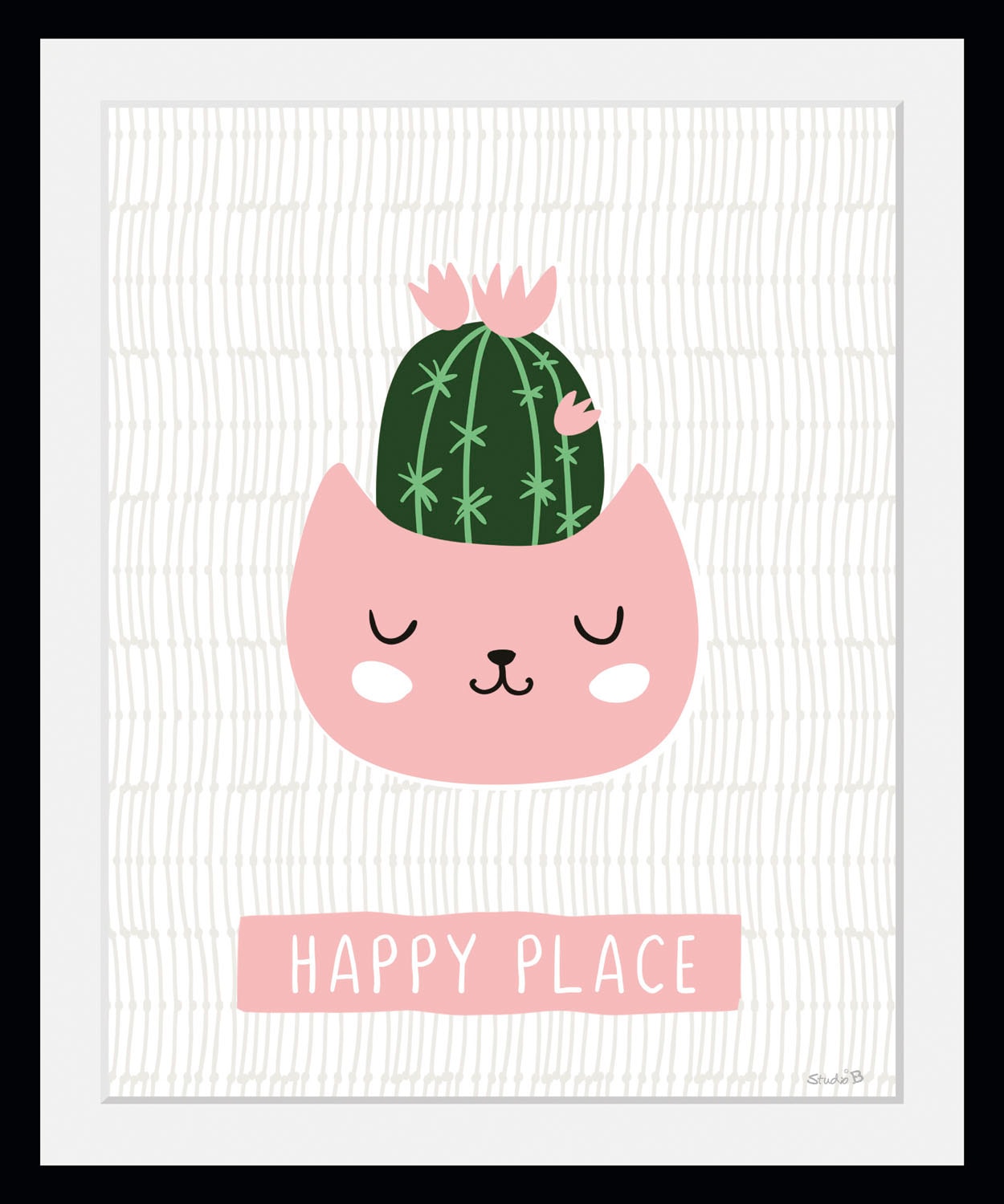 queence Bild »HAPPY PLACE«, Pflanzen-Pflanzenbilder-Schriftzug-Katze-Katzenbilder-Sprüche & Texte, (1 St.), HD Premium Poster-Druck inkl. Holzrahmen