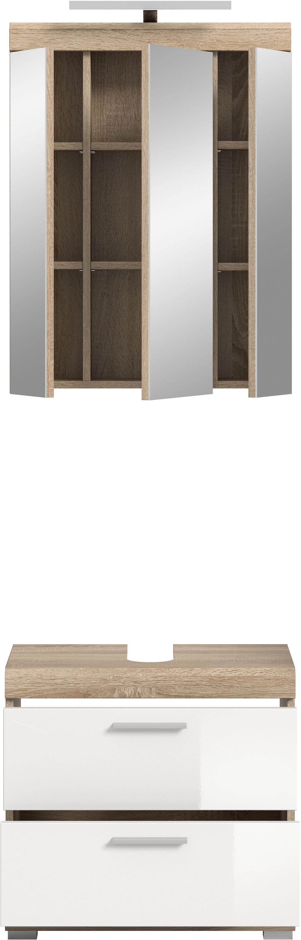 INOSIGN Badmöbel-Set »Siena, 2 teilig, inklusive LED Beleuchtung, bestehend aus:«, (Set), Waschbeckenunterschrank, Spiegelschrank, LED Badaufsatzleuchte