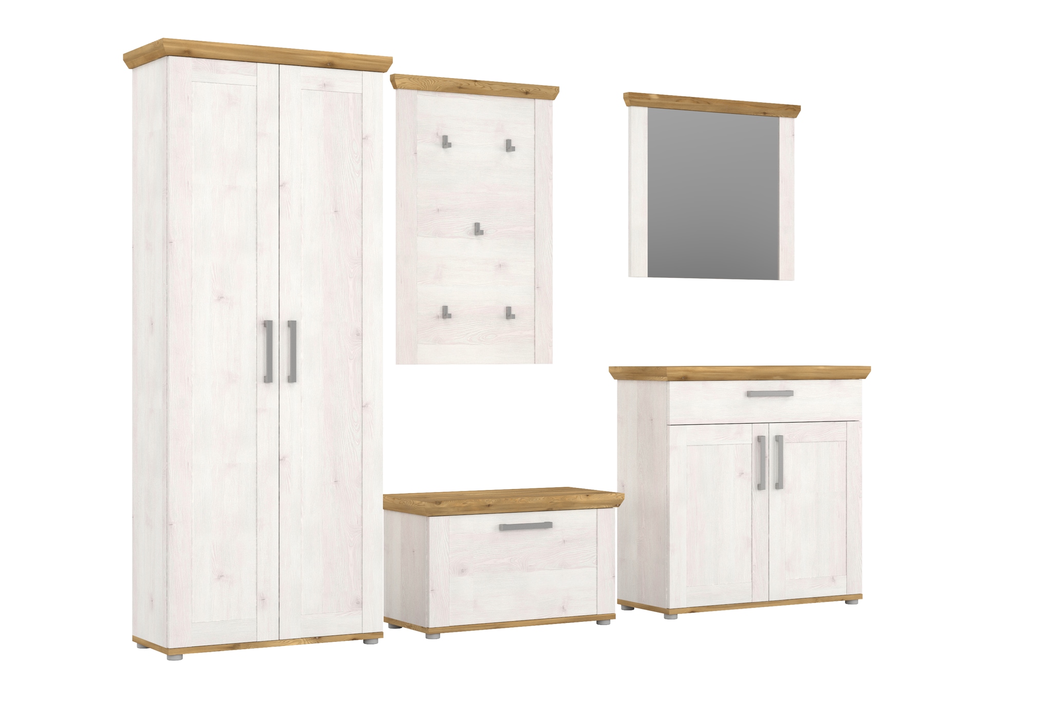 Home affaire Garderoben-Set »COSENZA, TOPSELLER!, Breite ca. 285 cm, 5-teilig, in Landhausoptik«, (5 St., Garderobenschrank, Sitzbank, Garderobenpaneel, Schuhschrank, Spiegel), Garderobenkombination, Kombination, Diele, Garderobe, Garderobenmöbel