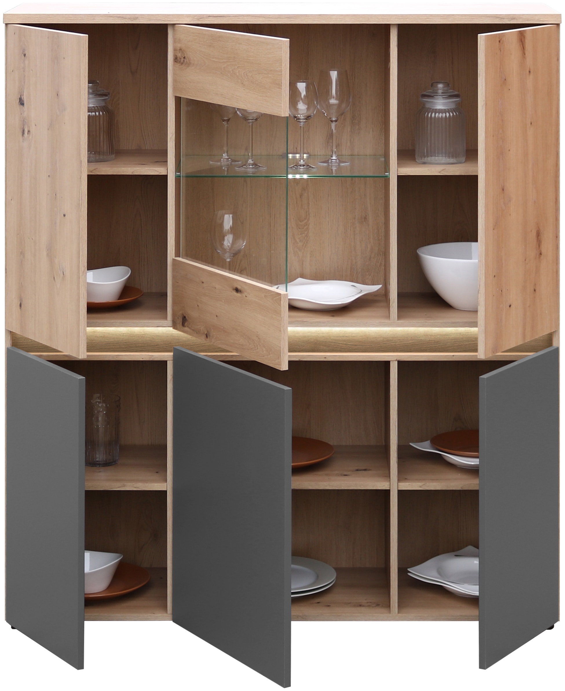 HBZ Highboard »Lille mit LED-Beleuchtung, Wohnzimmerschrank BxHxT 120x140x38 cm«, (1 St.), Mit 5 Türen, 5 Einlegeböden und 1 Glasboden