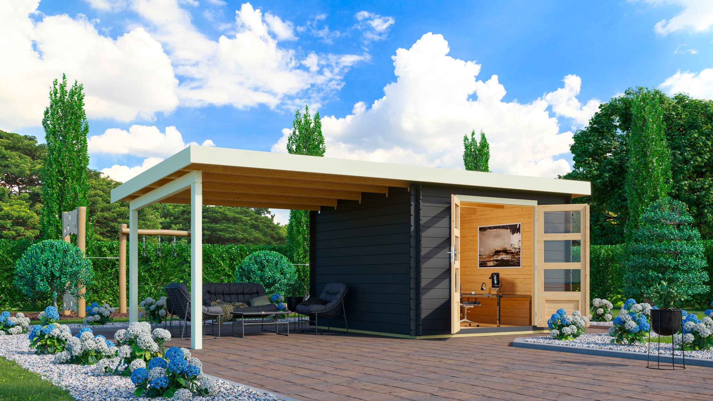 Karibu Gartenhaus »Schloßsee 5«, (Set), mit Anbaudach und Fußboden im Haus