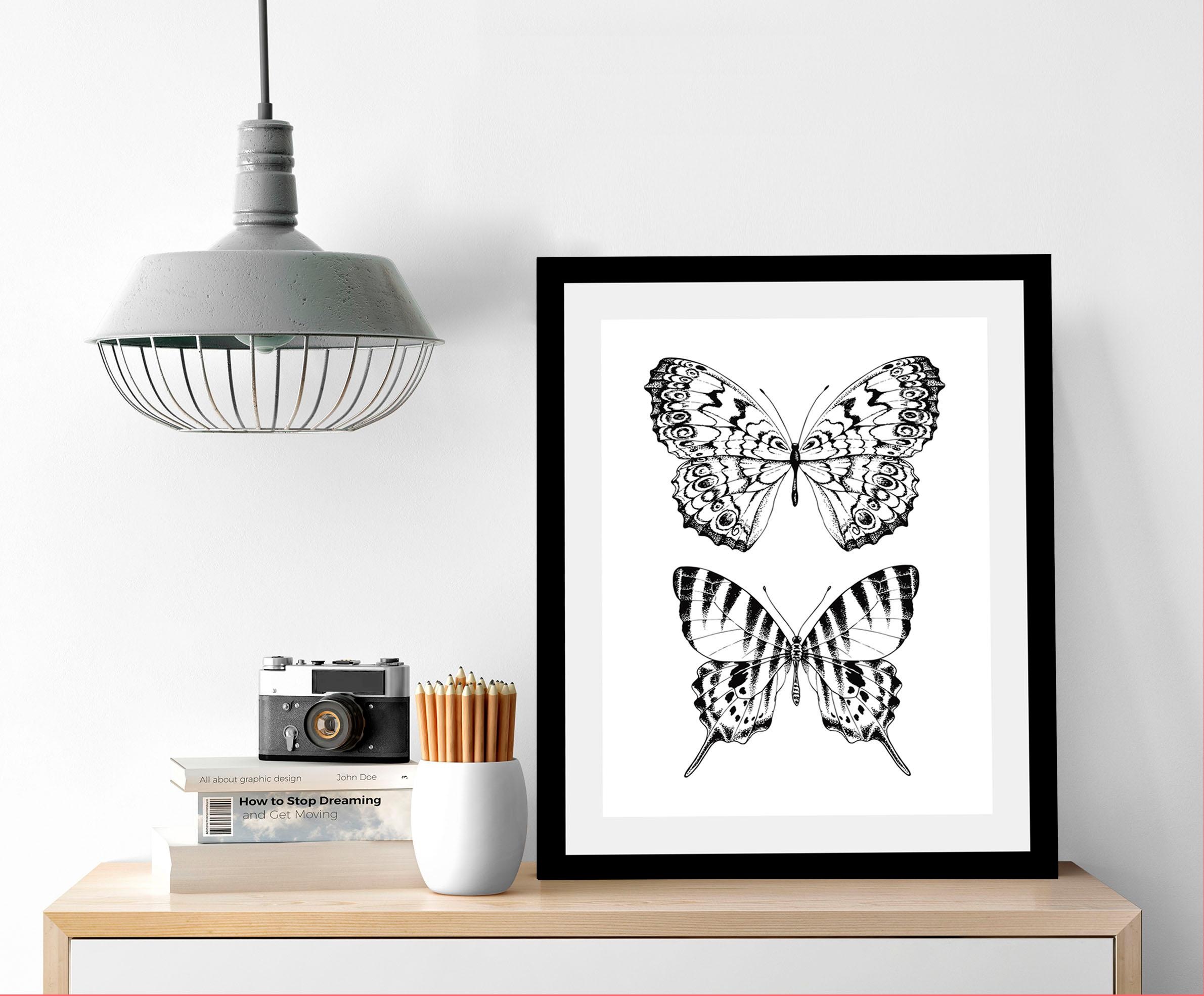 queence Bild »Schmetterlinge«, Tiere-Schwarz-Weiß-Kunst-Insekten-Schmetterl günstig online kaufen