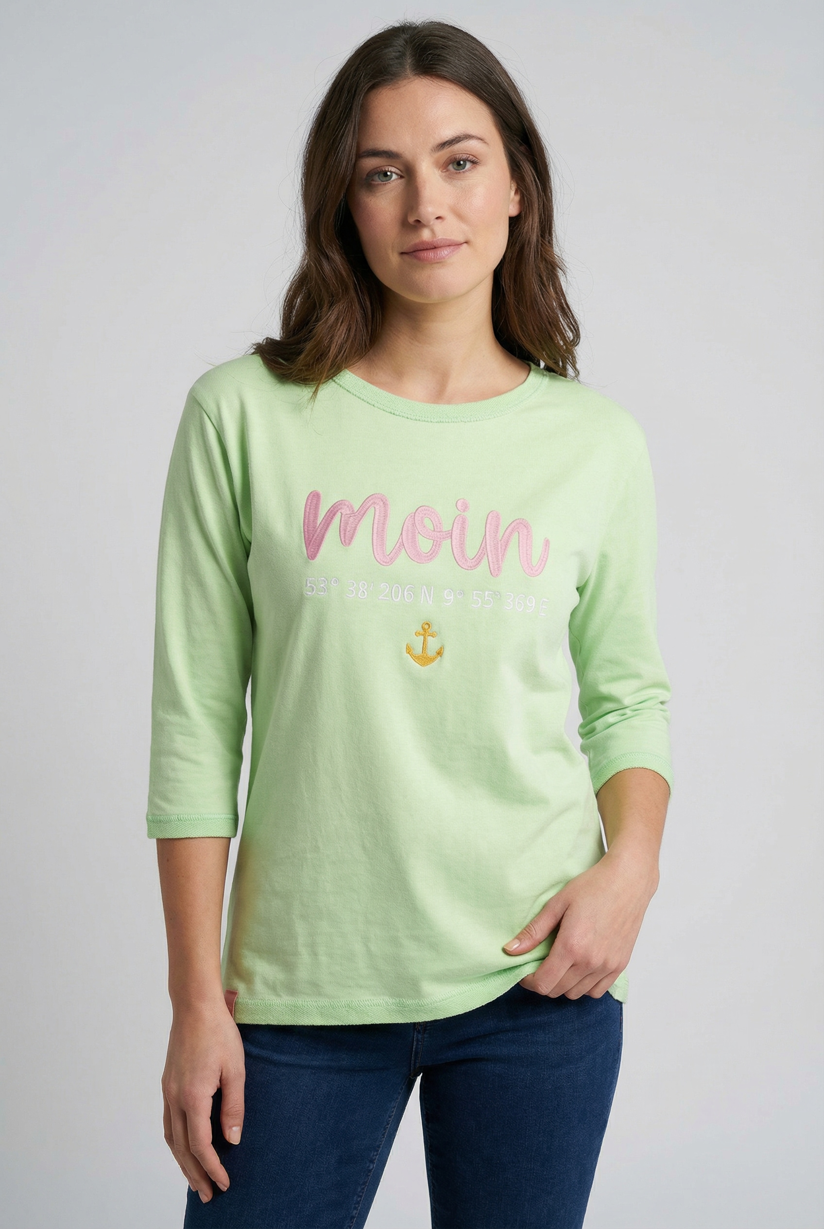 Zwillingsherz 3/4-Arm-Shirt »"Moin"« mit Moin Stickerei und Anker, ausgefranste Kanten