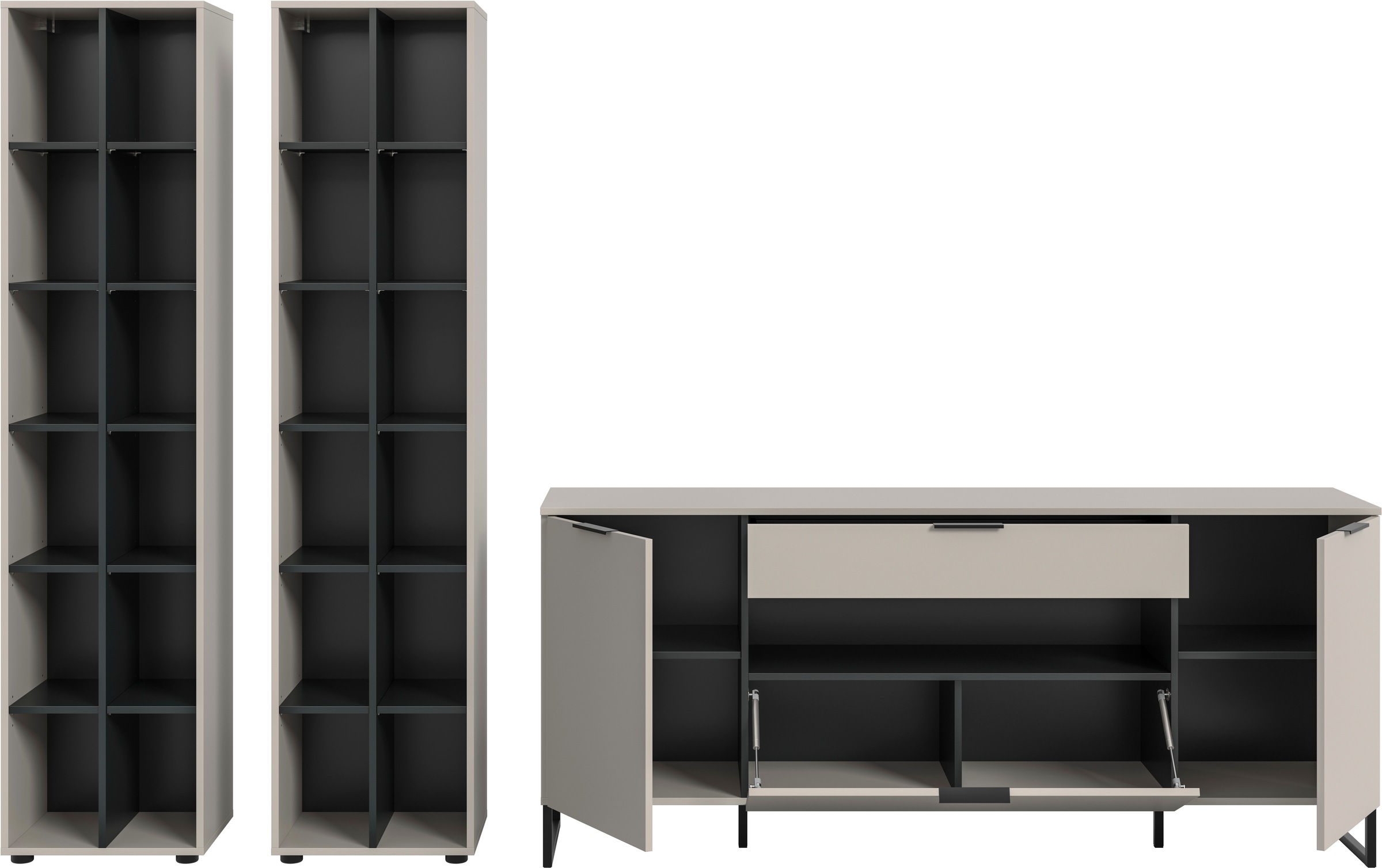 INOSIGN Wohnwand »Adio, Wohnkombination, 305 cm Breit«, (Set, 3 St.), Adio, Wohnkombination 3tlg. Kashmir NB, 2 Stauraumregale, Sideboard