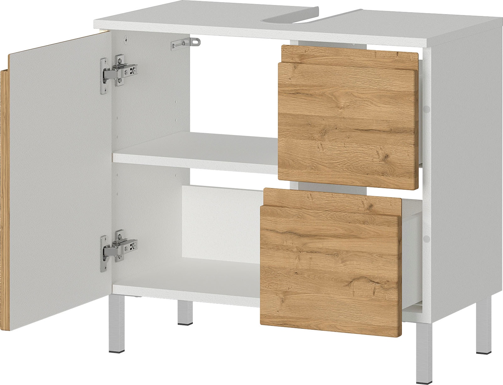 GERMANIA Badmöbel-Set »Torrance«, (4 St.), Unterschrank, Spiegelschrank mit Beleuchtung, Kommode und Hochschrank